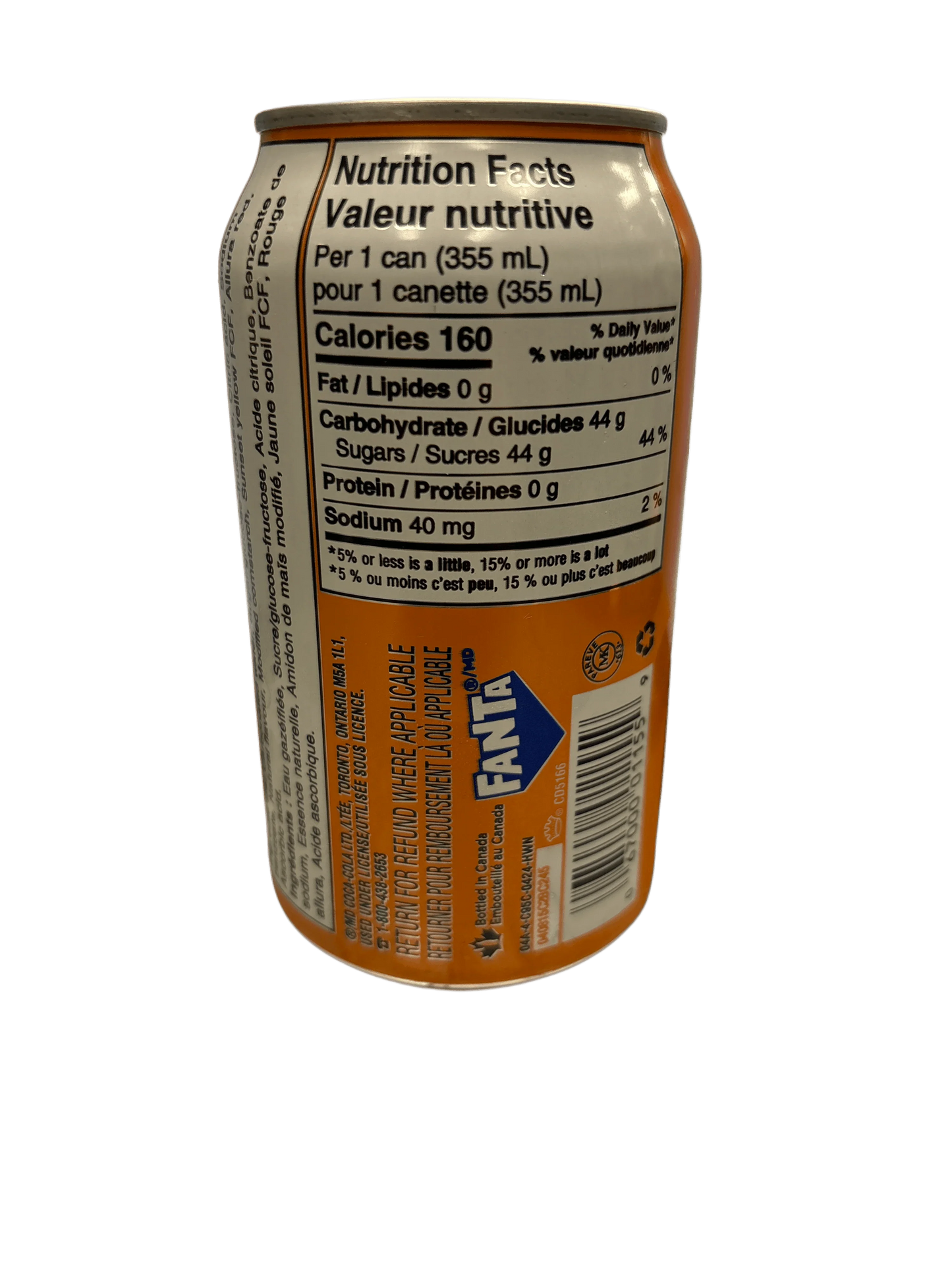 Imported Fanta orange soda can showing nutrition facts and bilingual labeling.