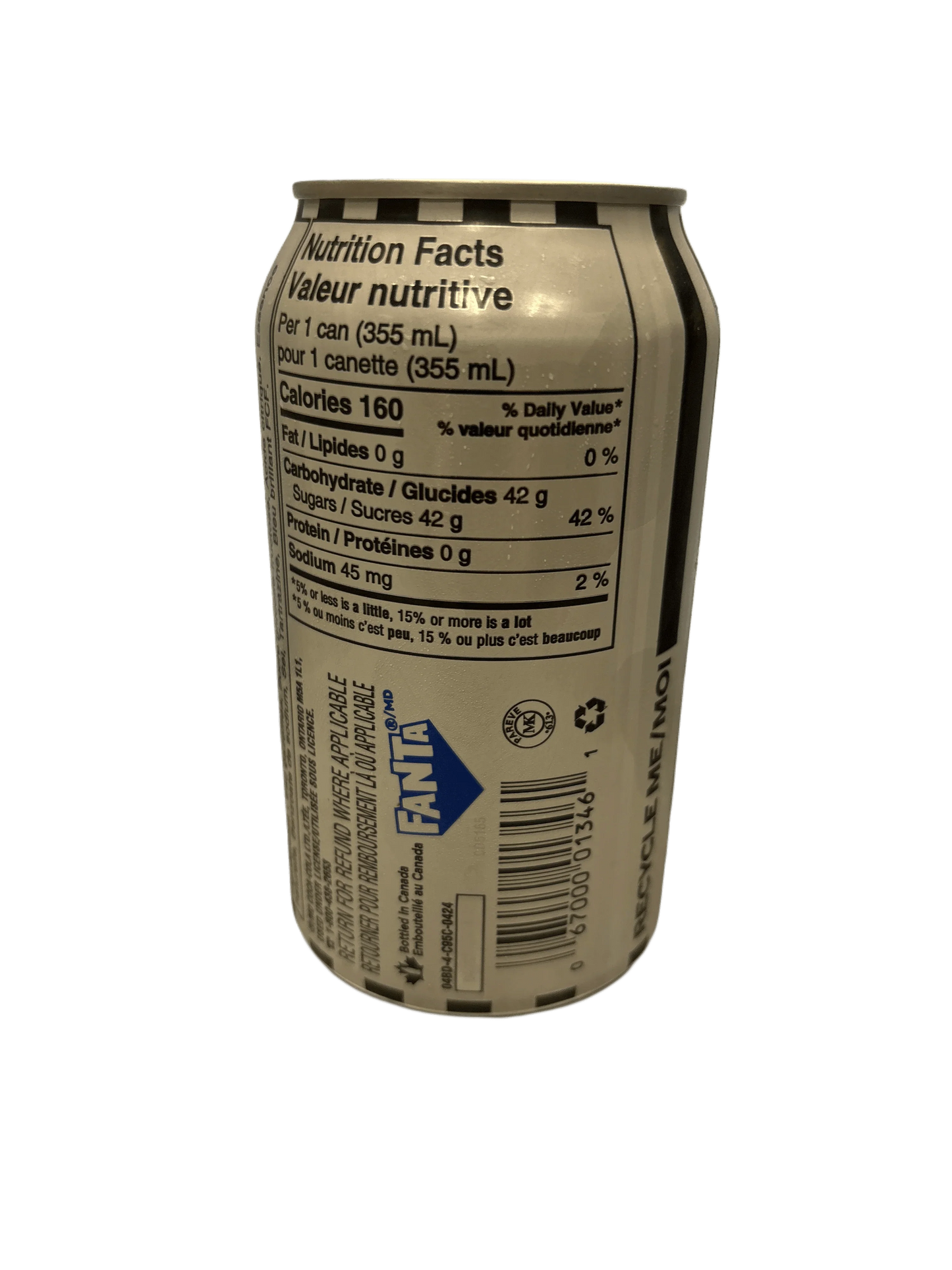 Fanta soda can with nutrition facts label and barcode, imported exotic drink product.