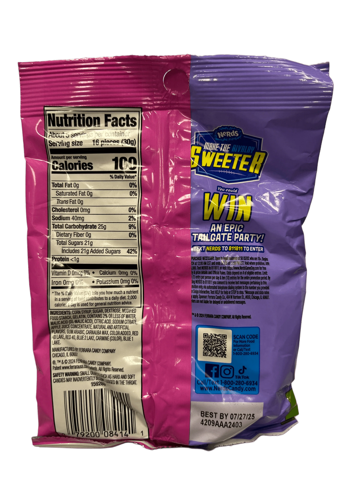 Back of Nerds candy package with nutrition facts and purple-pink packaging