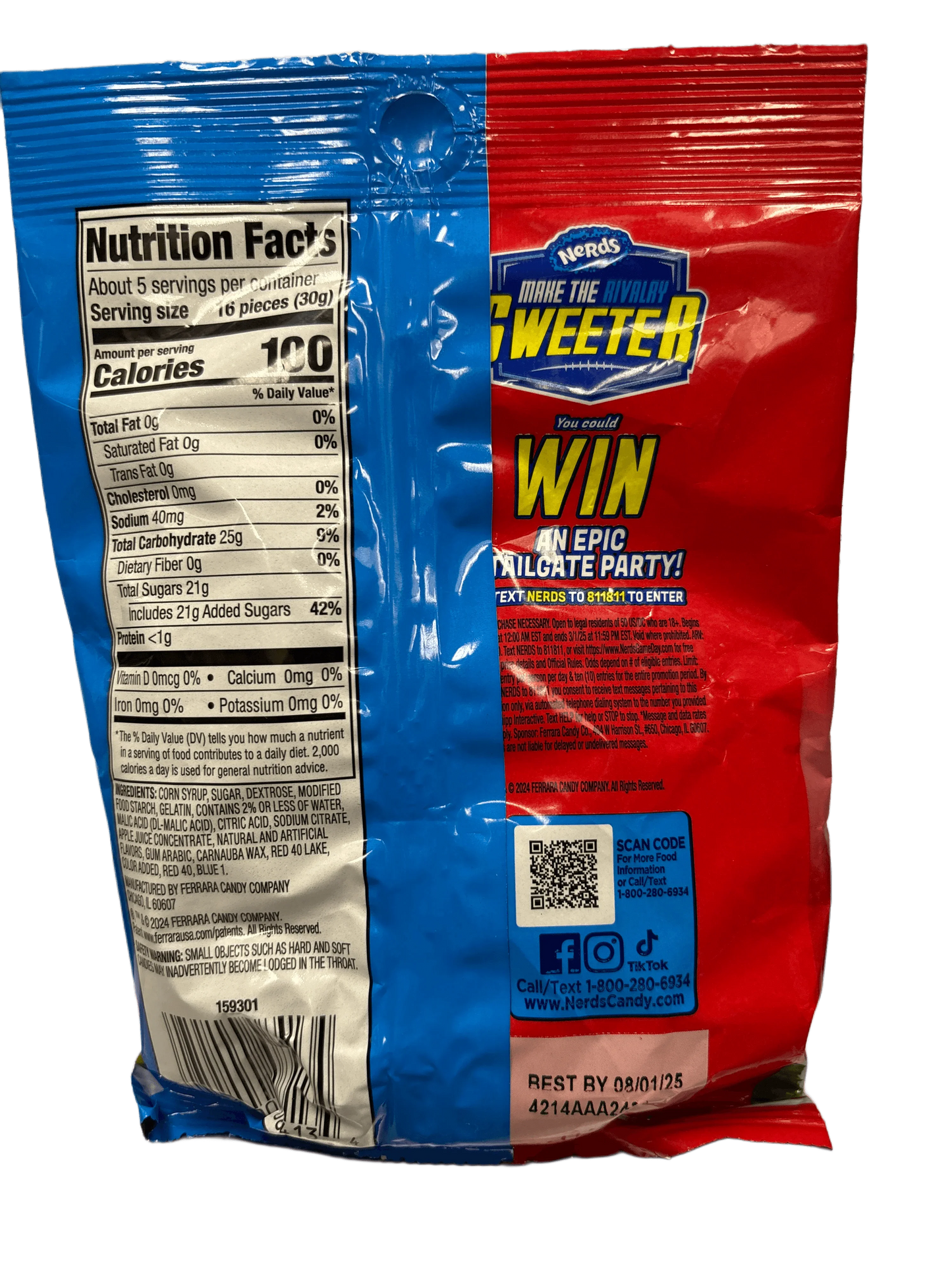 Back of a colorful Nerds candy bag with nutrition facts and sweepstakes details visible.