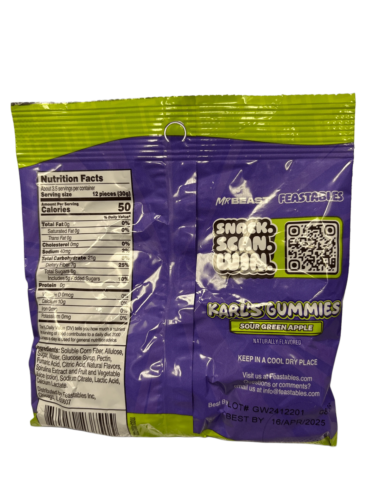 Back of Karl's Gummies Sour Green Apple candy bag with nutrition facts and QR code