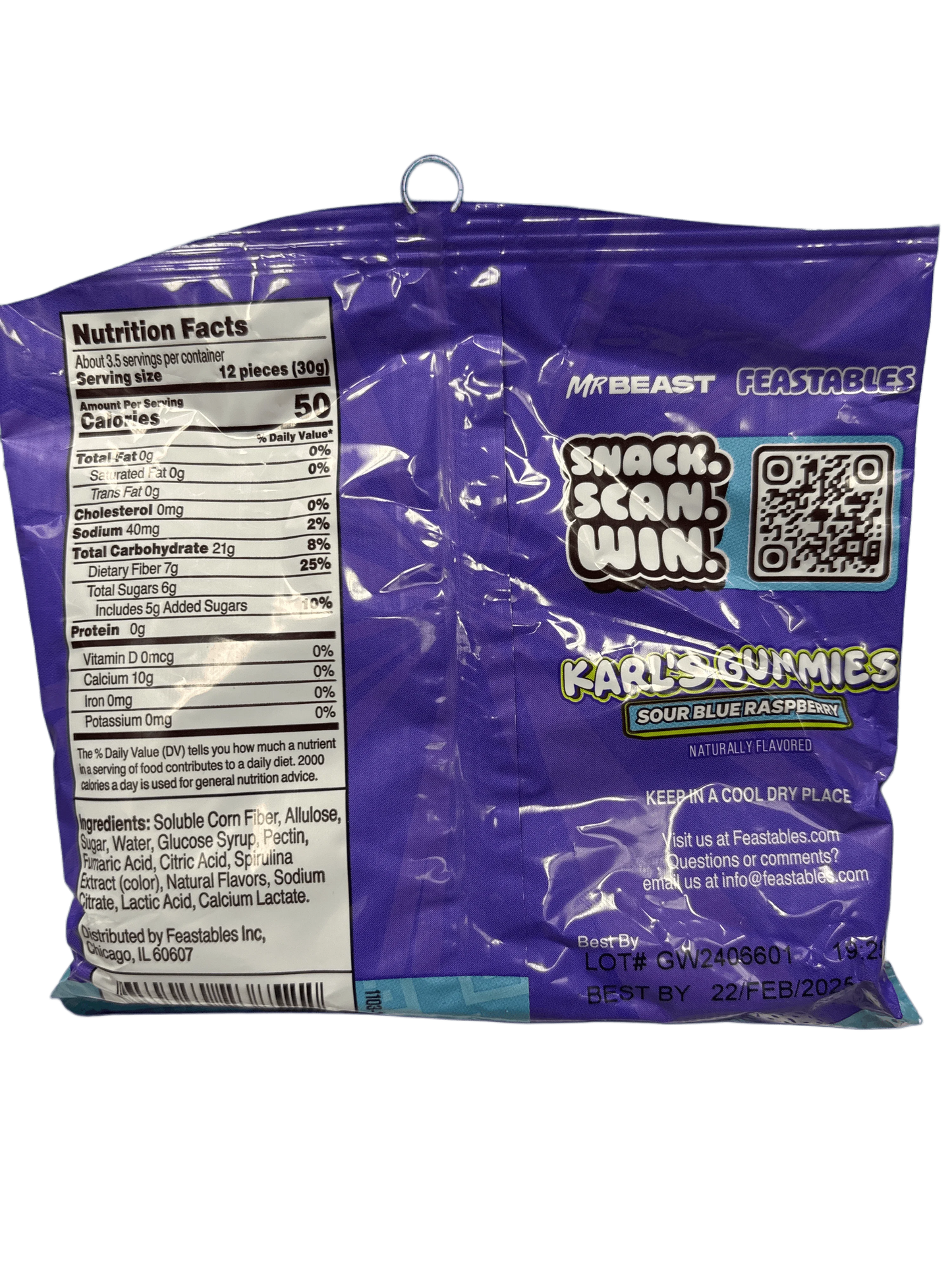 Back of Karl's Gummies Sour Blue Raspberry candy bag with nutrition facts and QR code