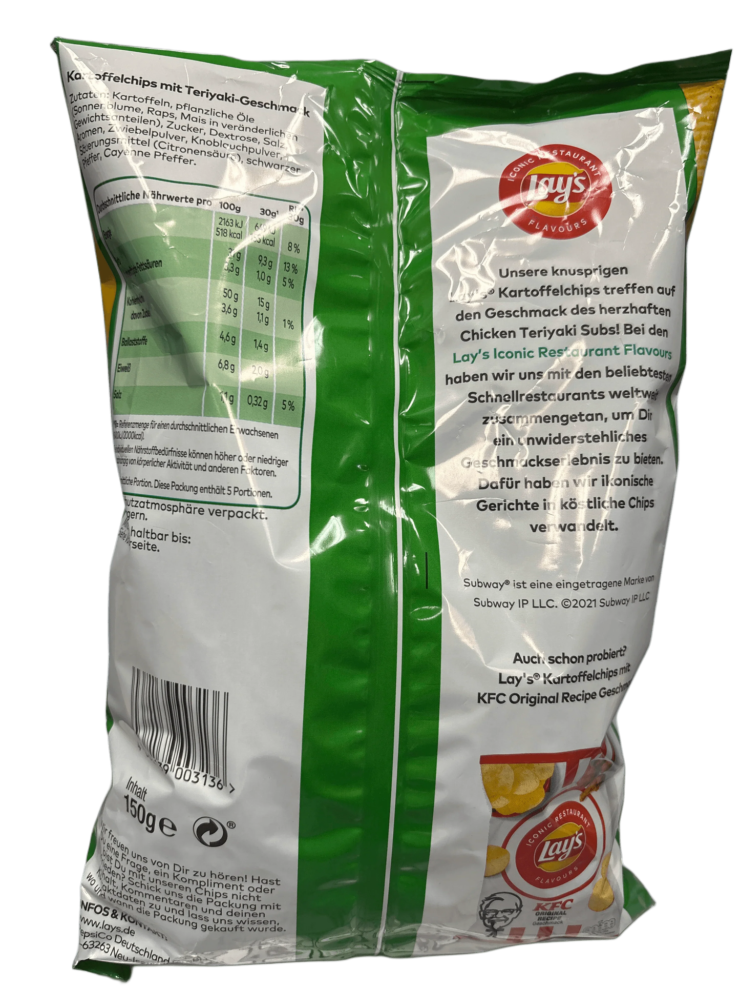 Back of Lay's chicken teriyaki flavored potato chips, ingredients and nutritional info in German