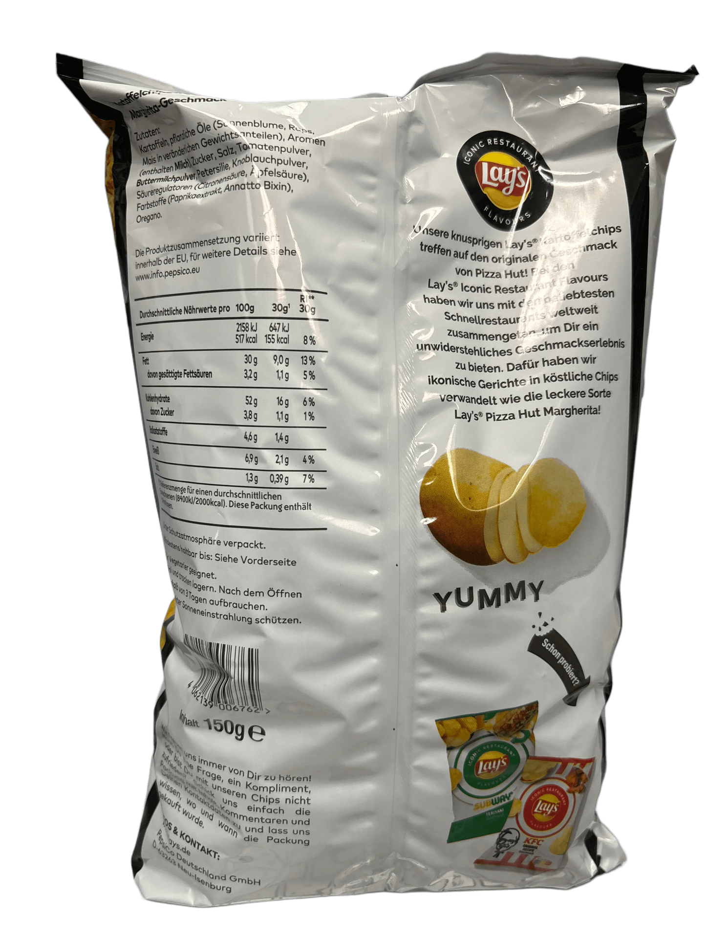 Back of Lay’s potato chips bag showing nutritional facts, ingredients, and product branding.
