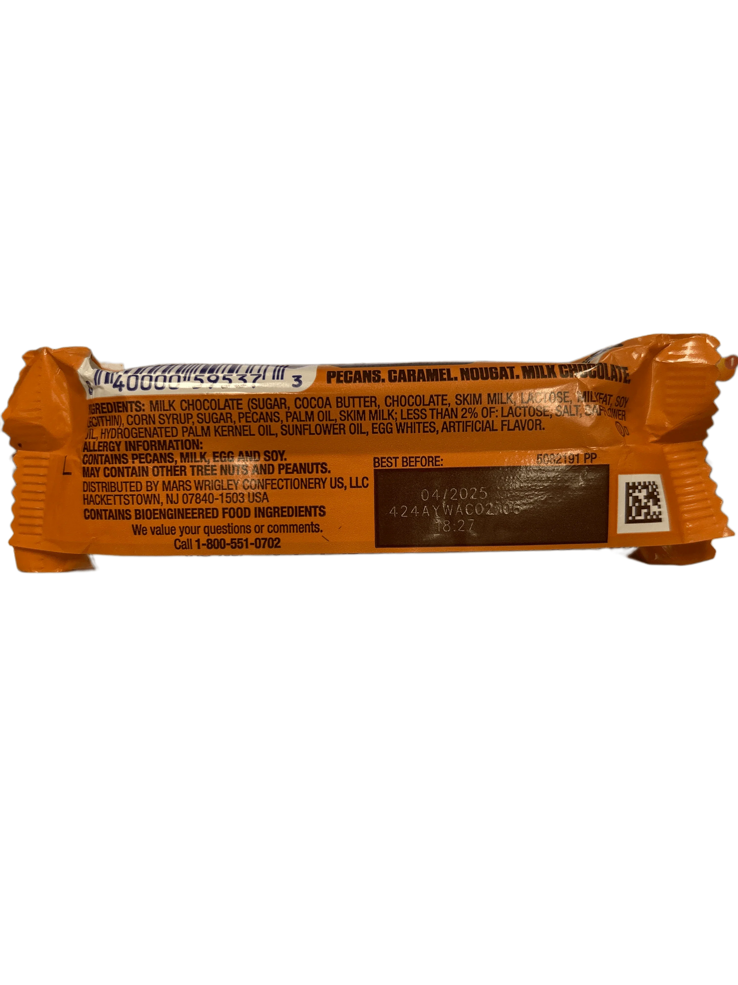 Back of a chocolate bar wrapper showing ingredients, allergens, and expiration date.