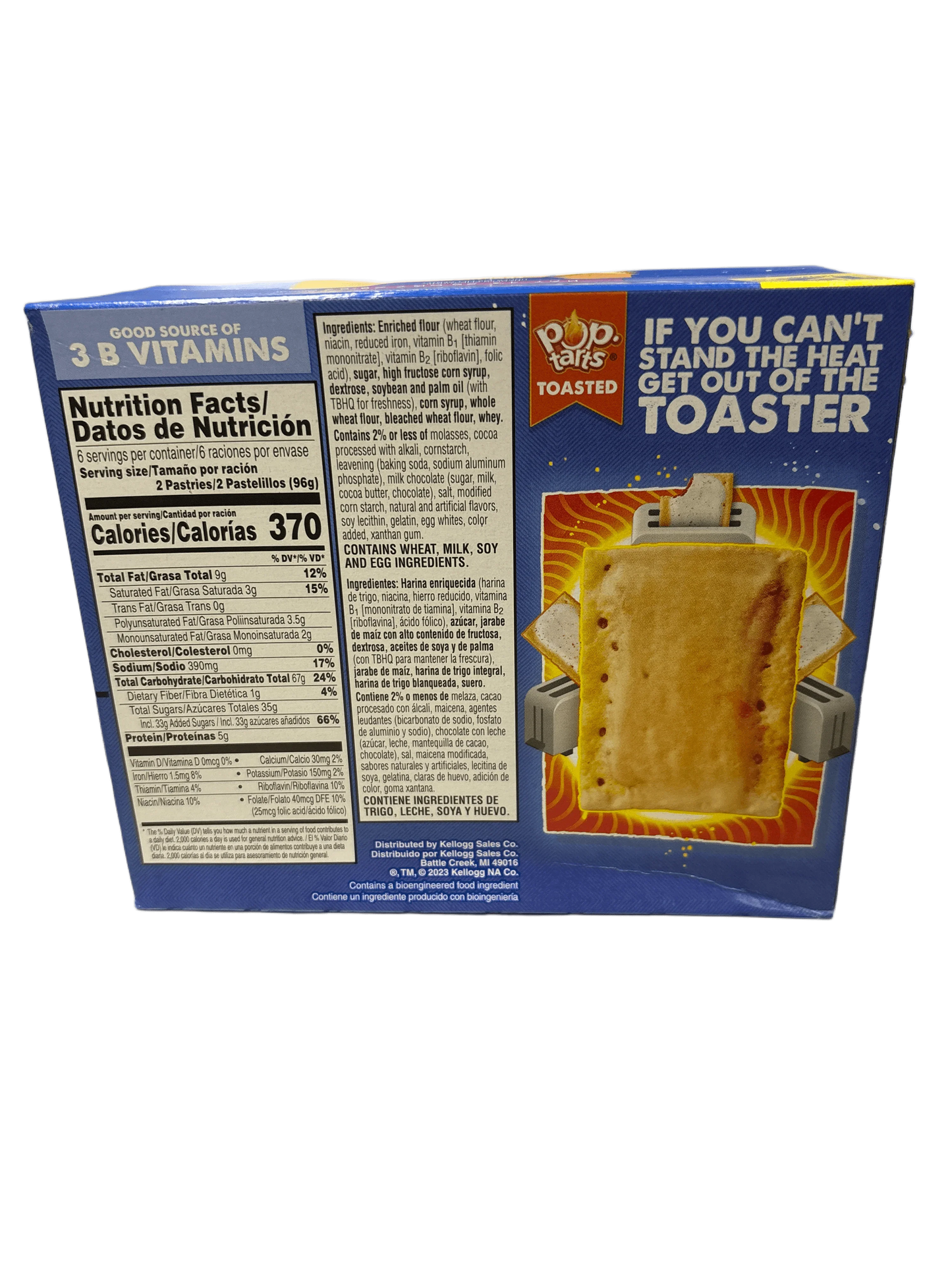 Back of Pop-Tarts box showing nutrition facts, ingredients, and a toasted pastry illustration.