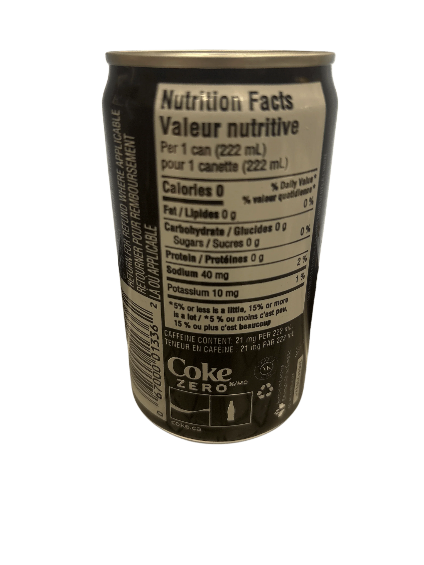 Coke Zero can showing nutritional facts, imported soda, black label, 222 mL, zero sugar drink