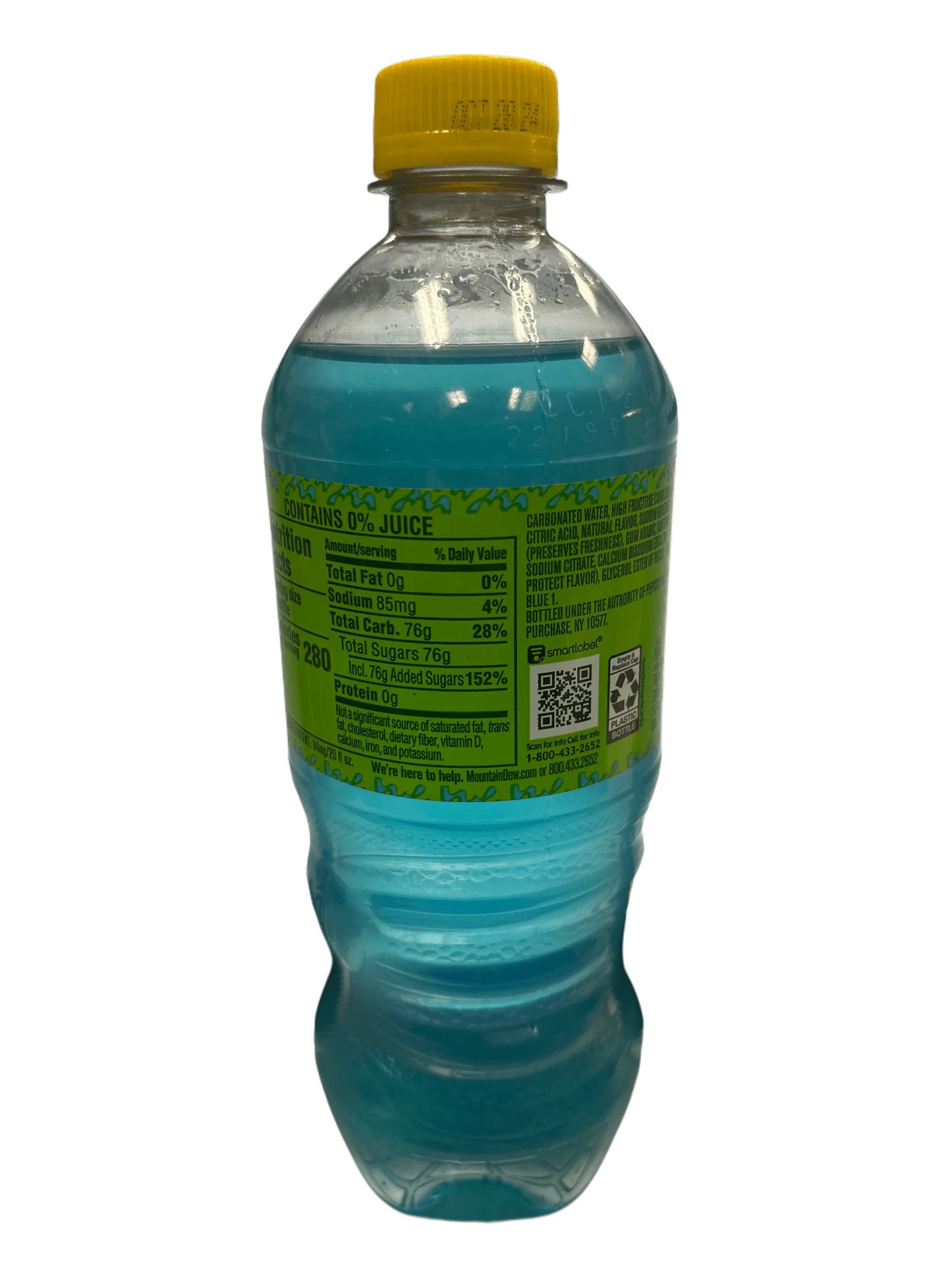 Blue exotic soda drink in clear plastic bottle with yellow cap and green nutrition label