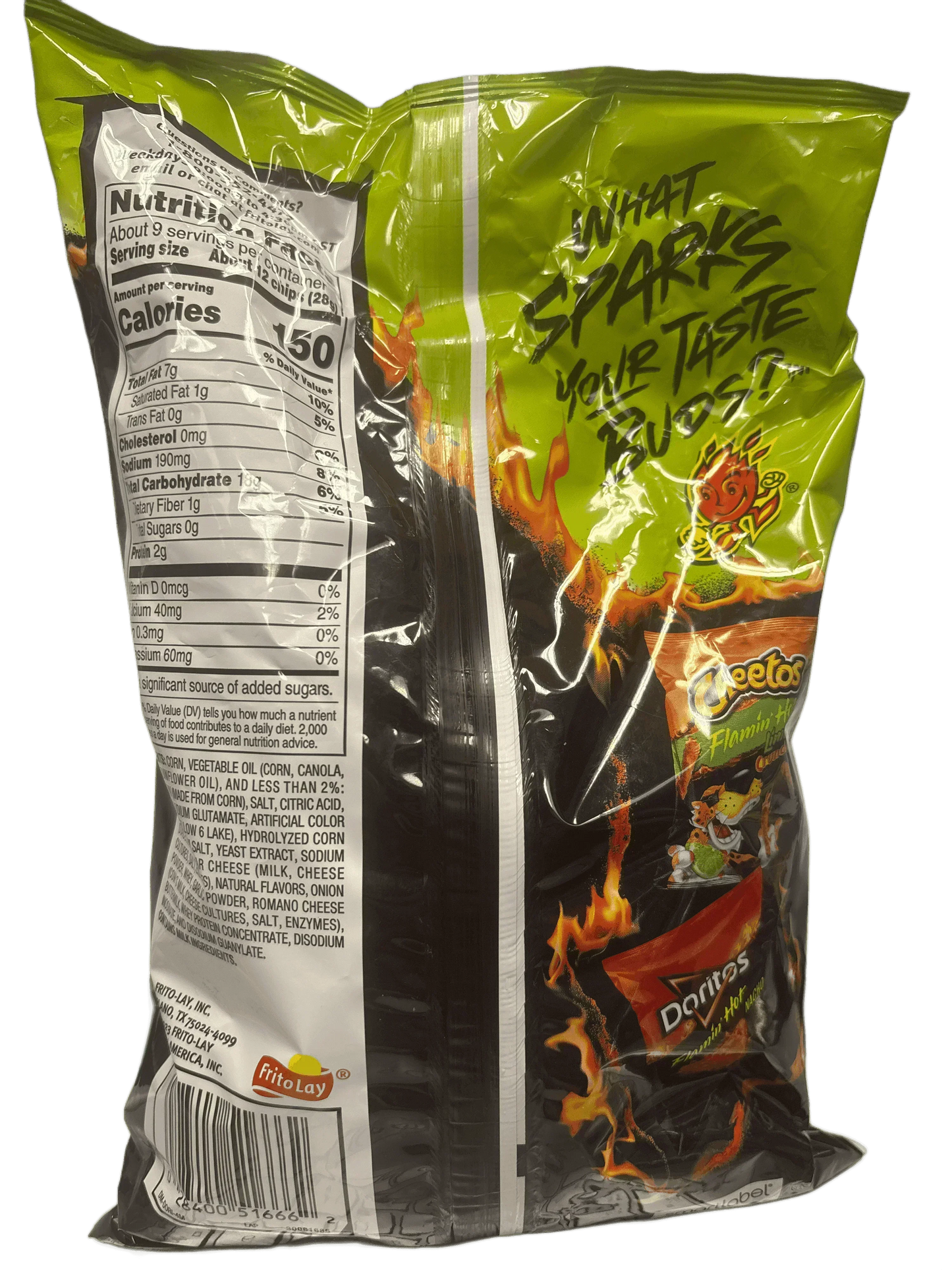 Back of snack bag with spicy Cheetos and Doritos, nutrition facts, green and black design