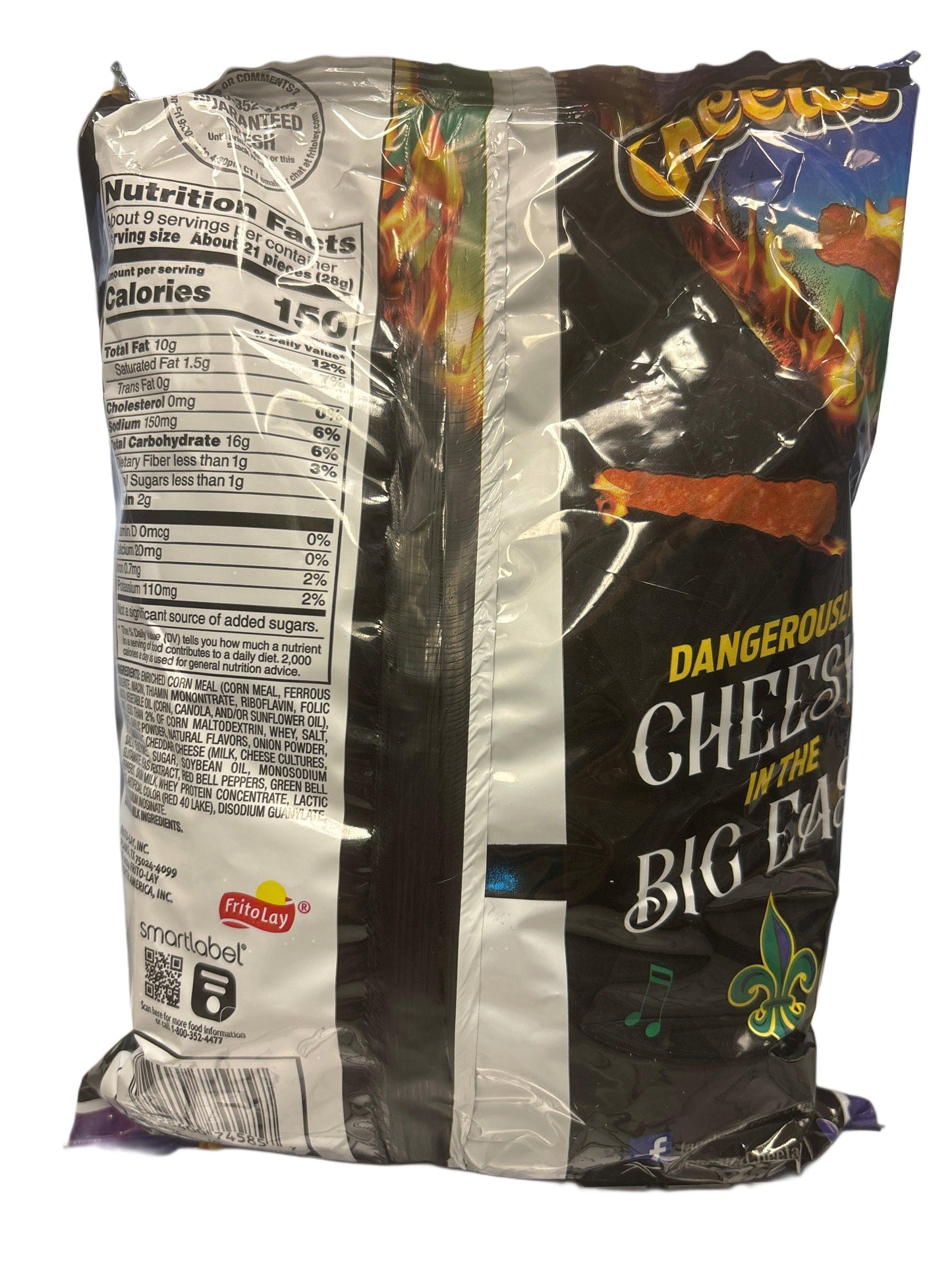 Back of Cheetos snack bag with nutrition facts and bold cheese snack graphics