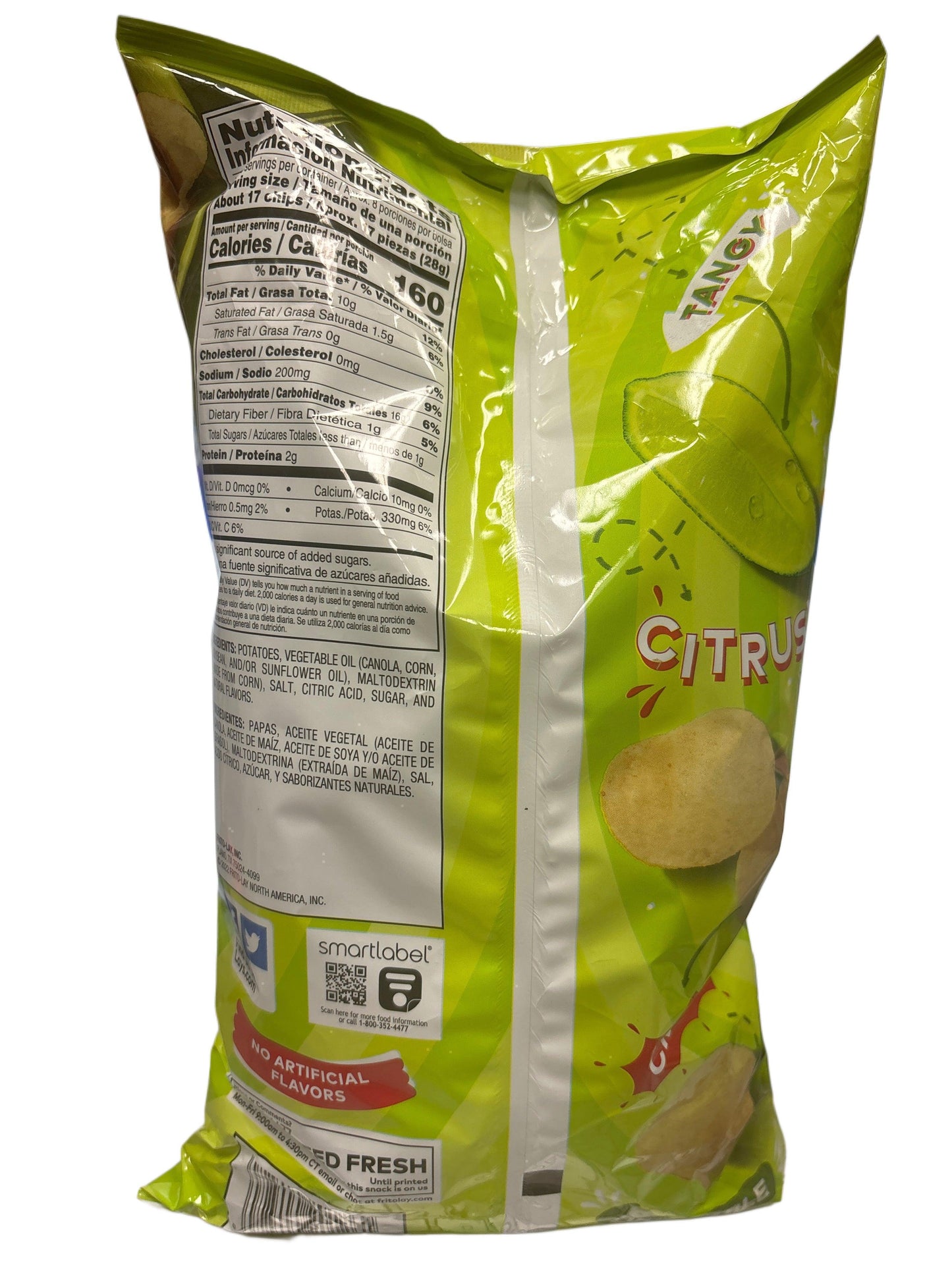 Back of citrus flavored potato chips bag with nutrition facts and tangy lime graphics