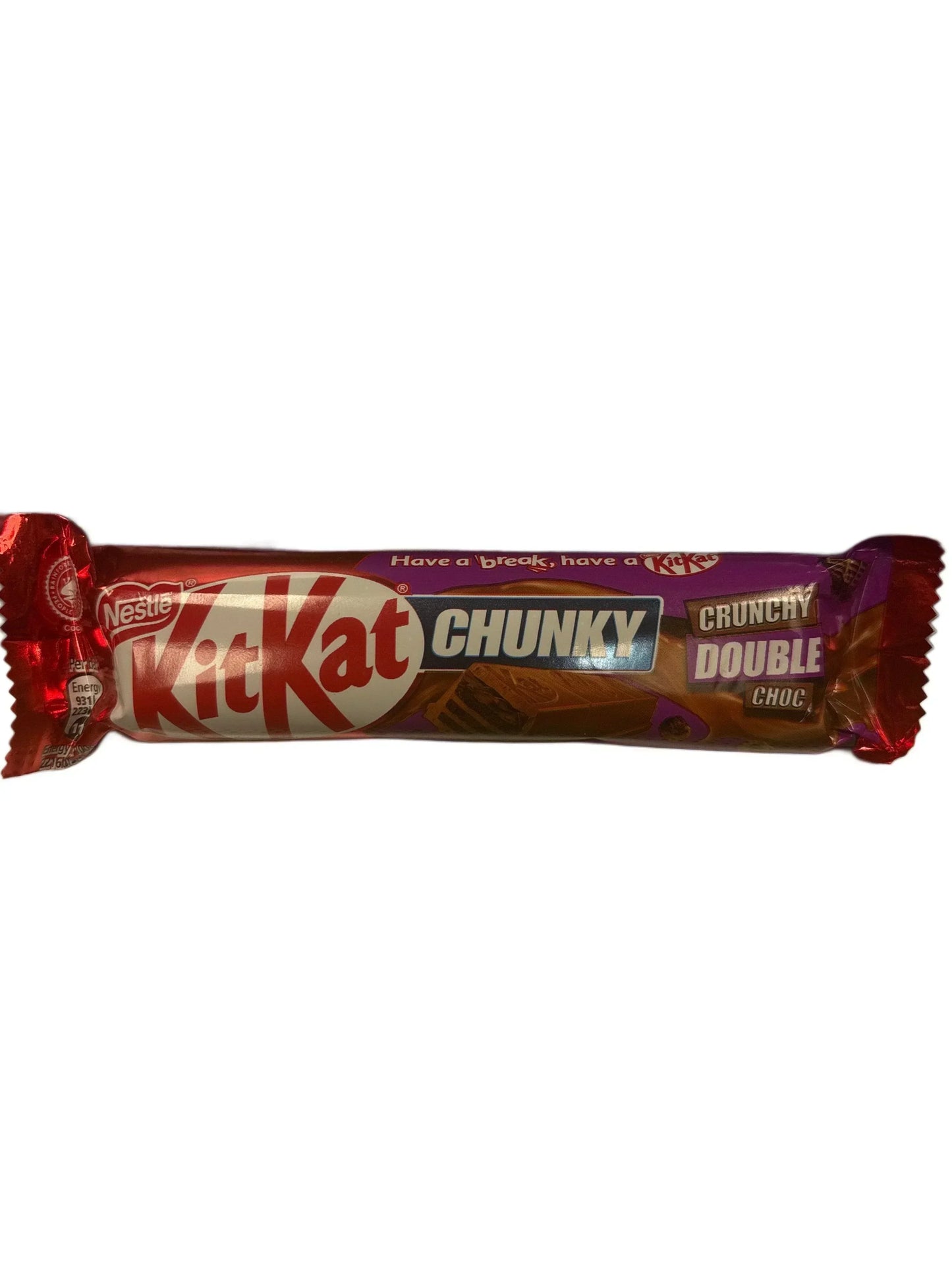 Kit Kat Chunky Crunchy Double Choc chocolate bar in red and purple packaging