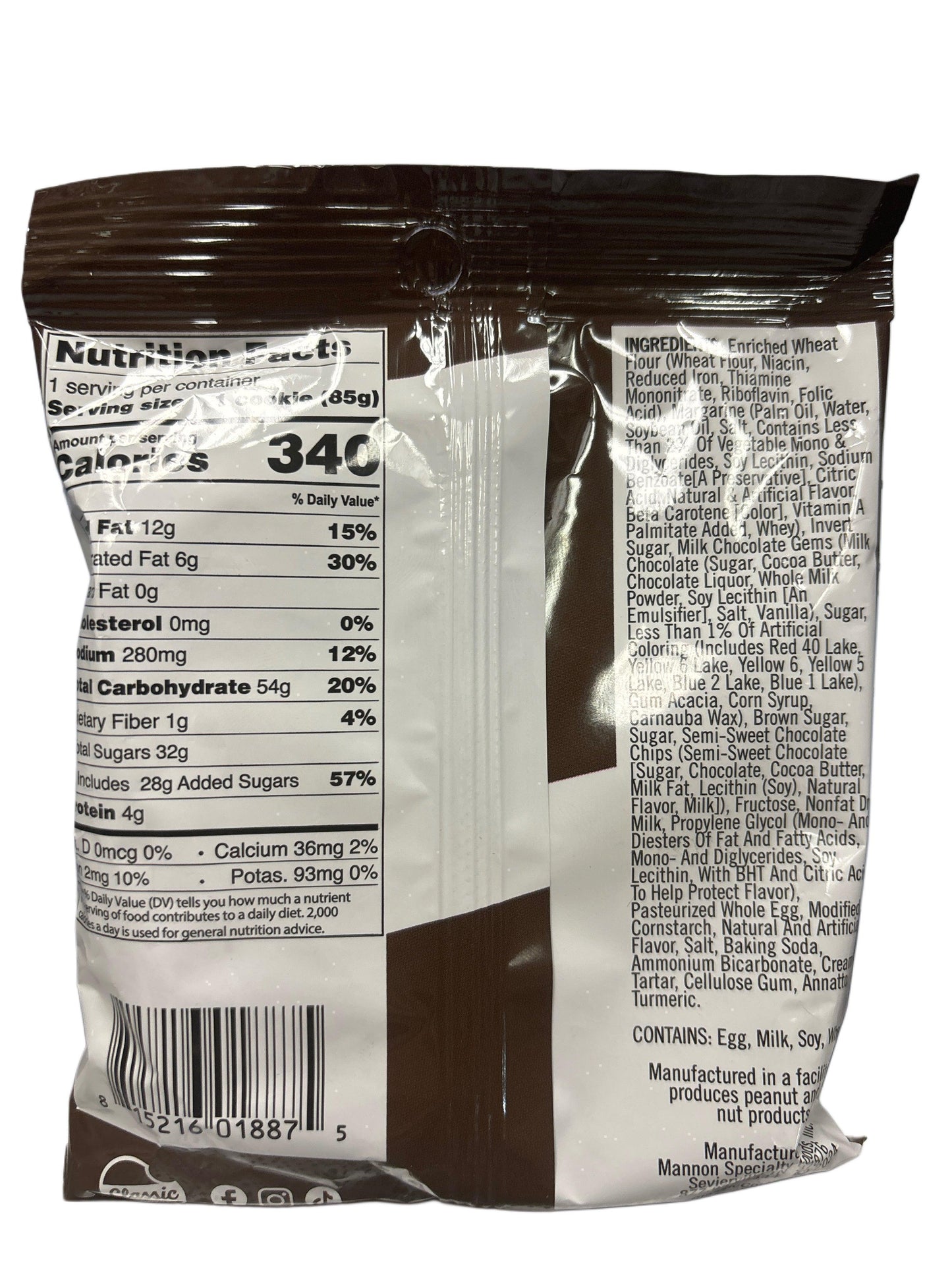 Back of a chocolate chip cookie snack package showing nutrition facts and ingredients list