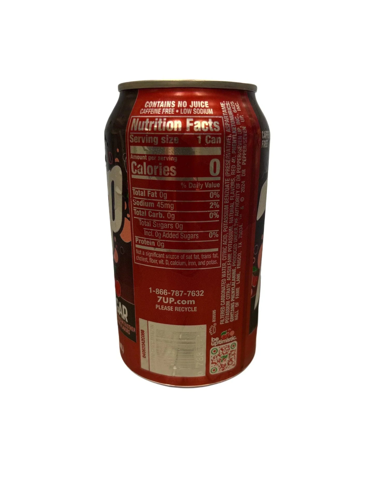 Back of a cherry soda can showing nutrition facts and zero calorie label
