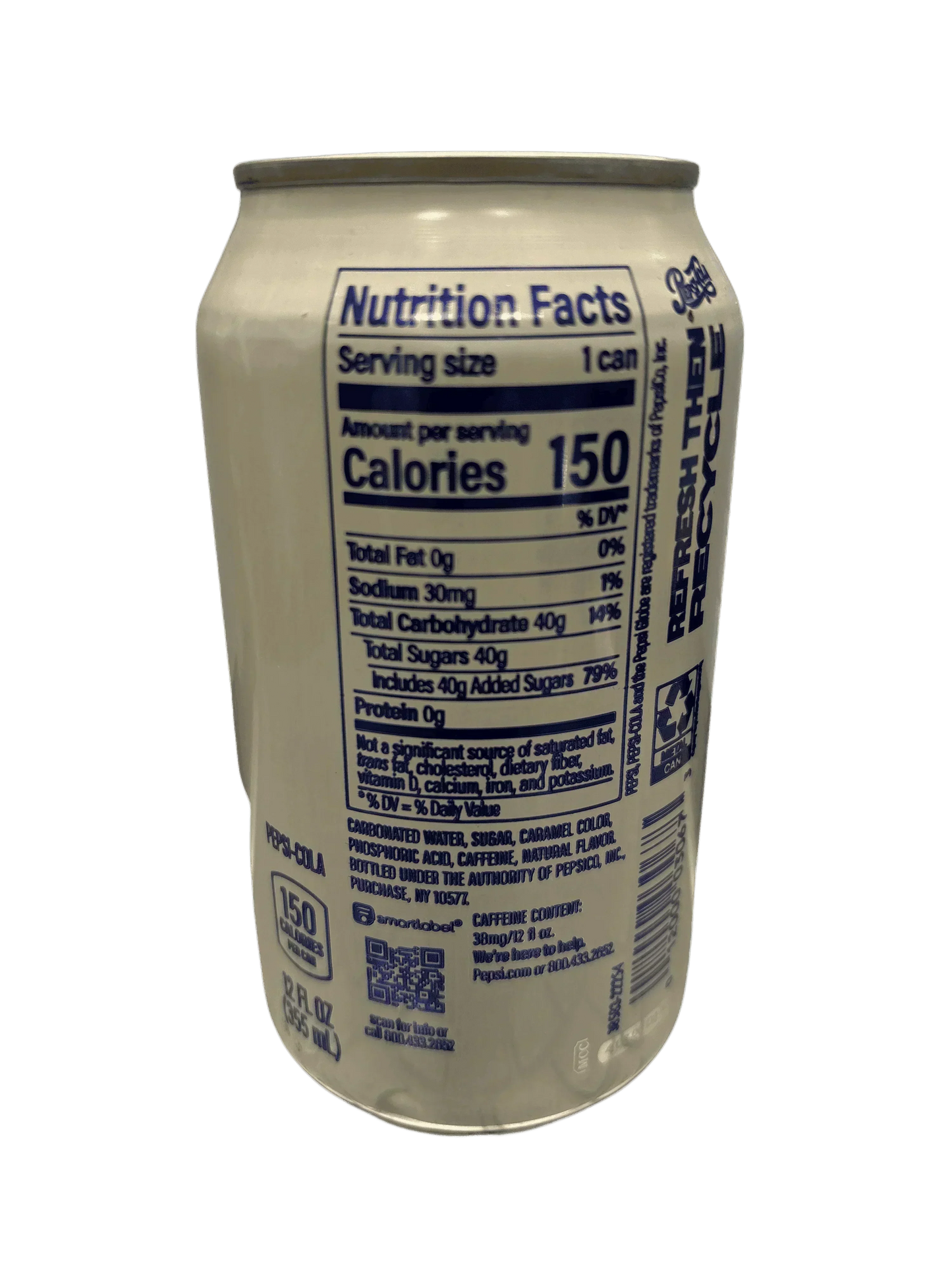 Close-up of a soda can nutrition facts label with ingredients and calorie content visible