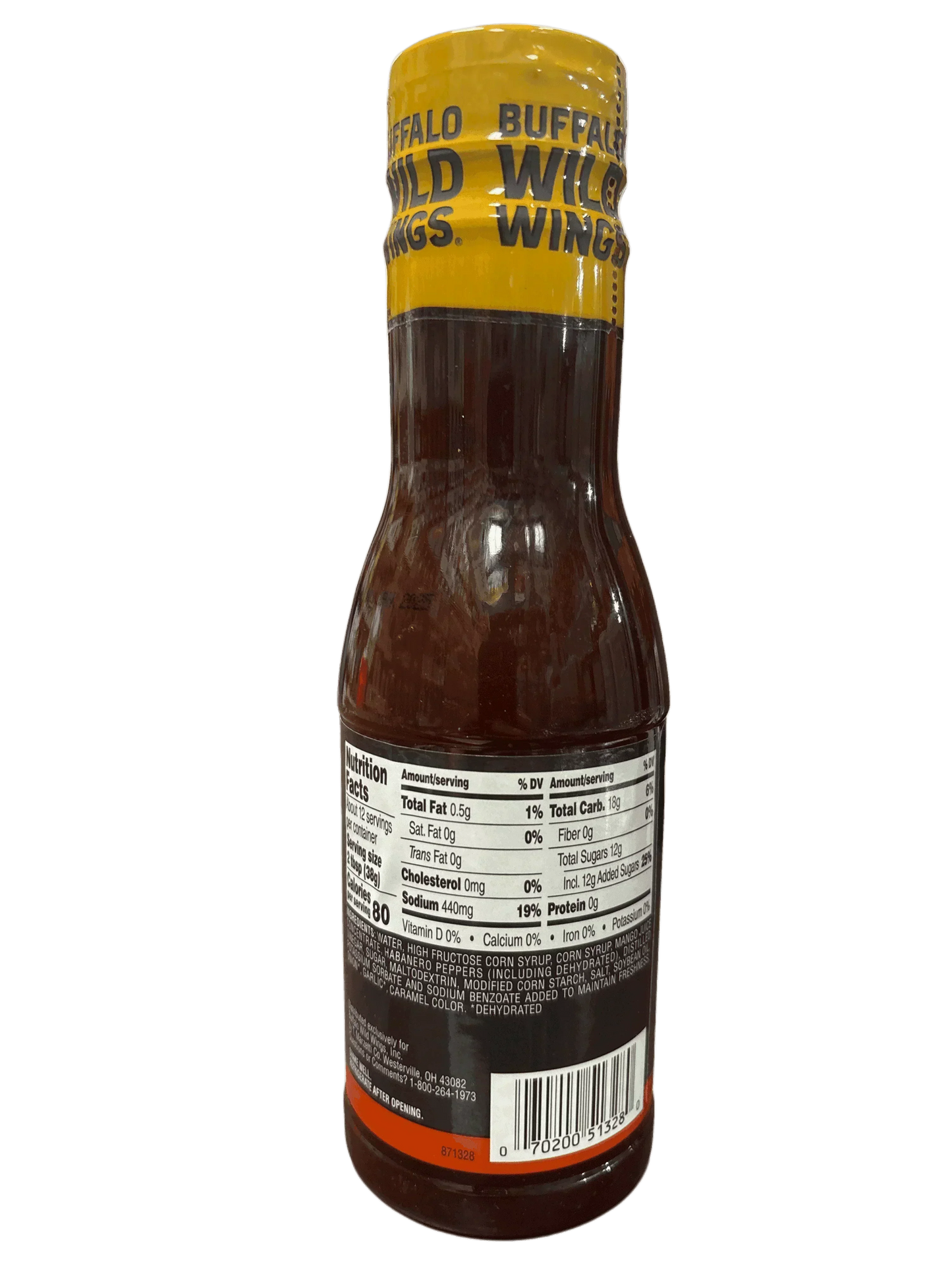 Buffalo Wild Wings sauce bottle with yellow cap, nutrition facts label visible