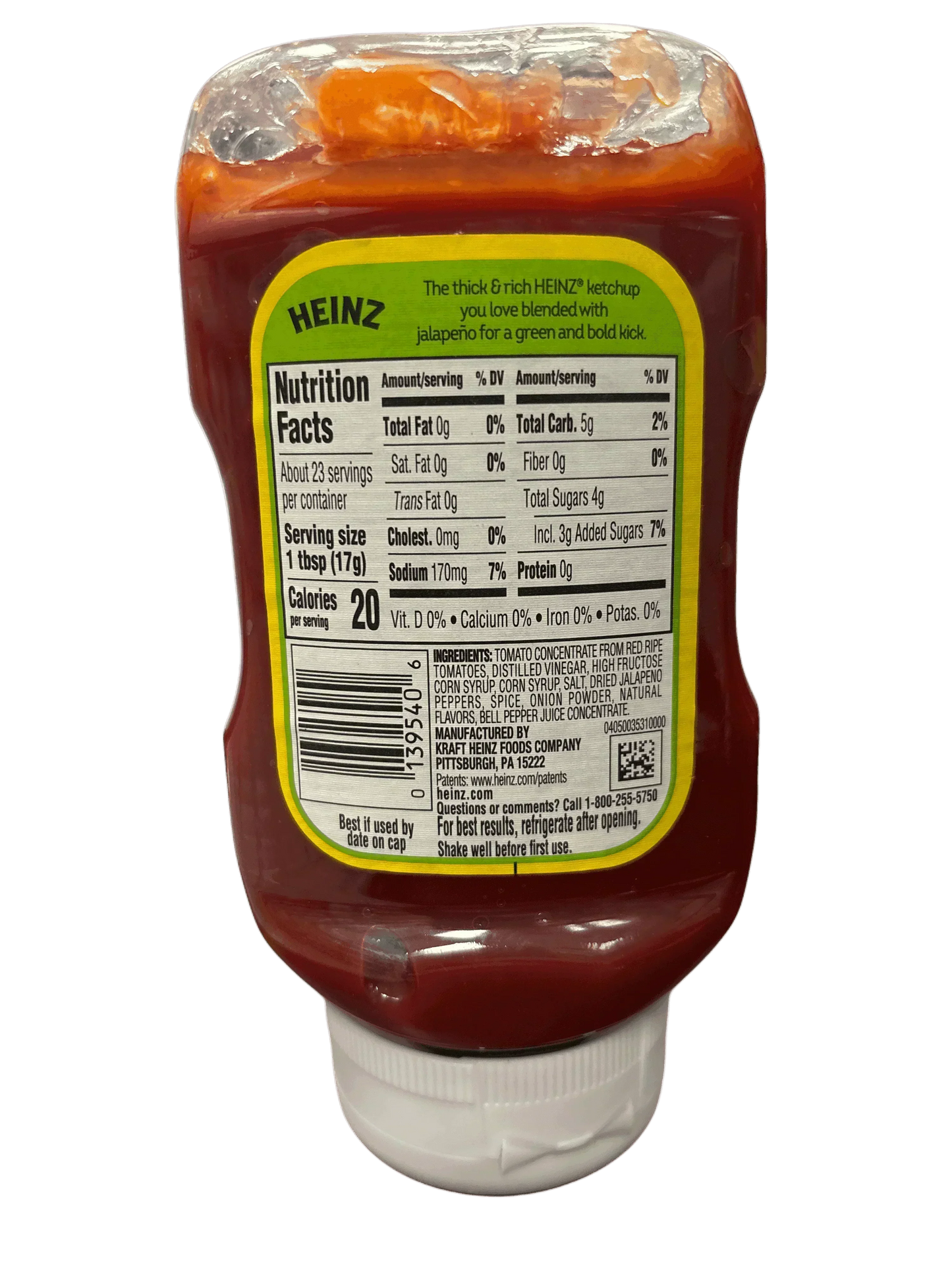 Heinz ketchup bottle with jalapeño flavor, green nutrition label, imported snack