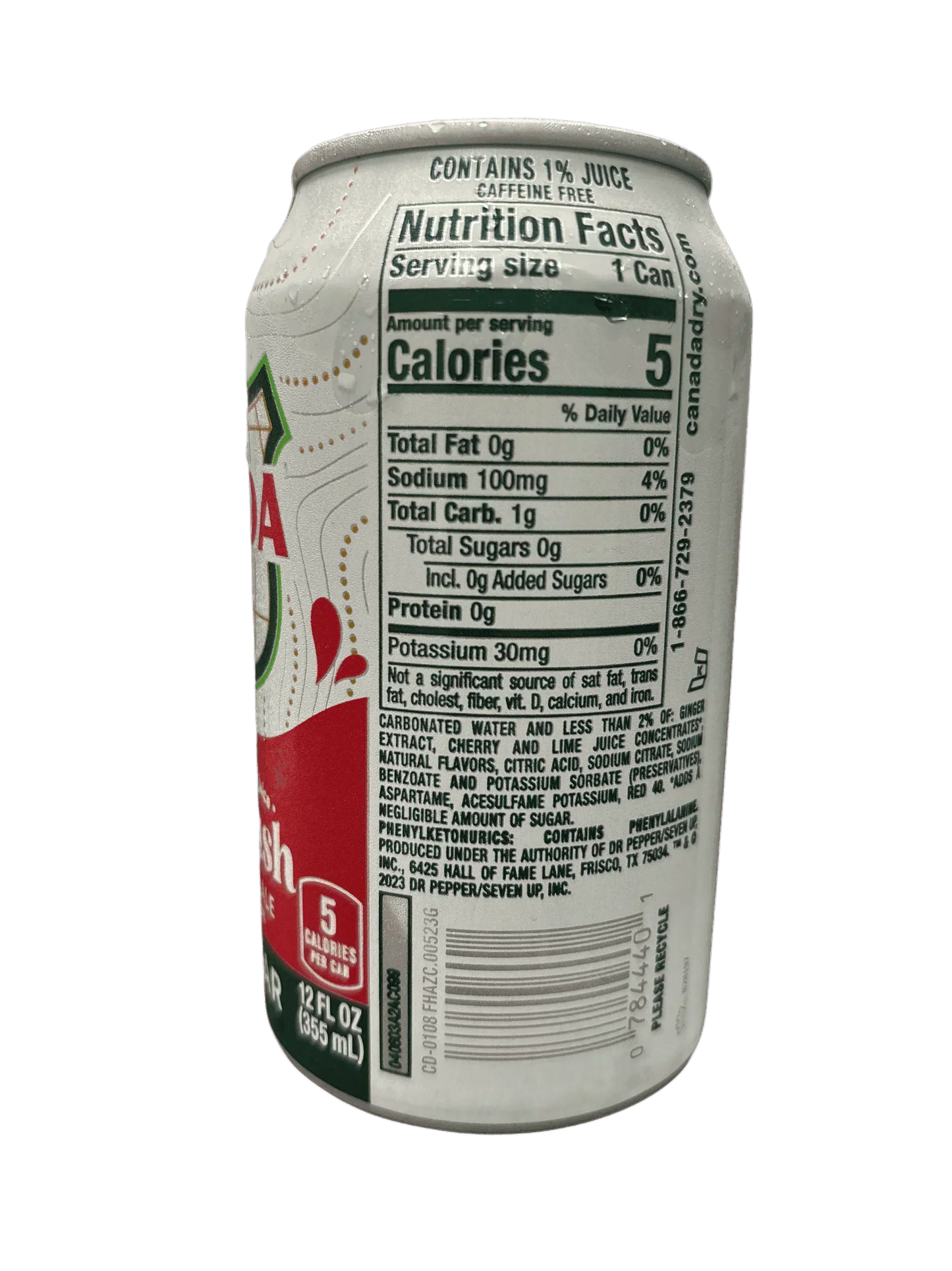 Back of a Canada Dry Cherry Ginger Ale can showing nutrition facts and ingredients