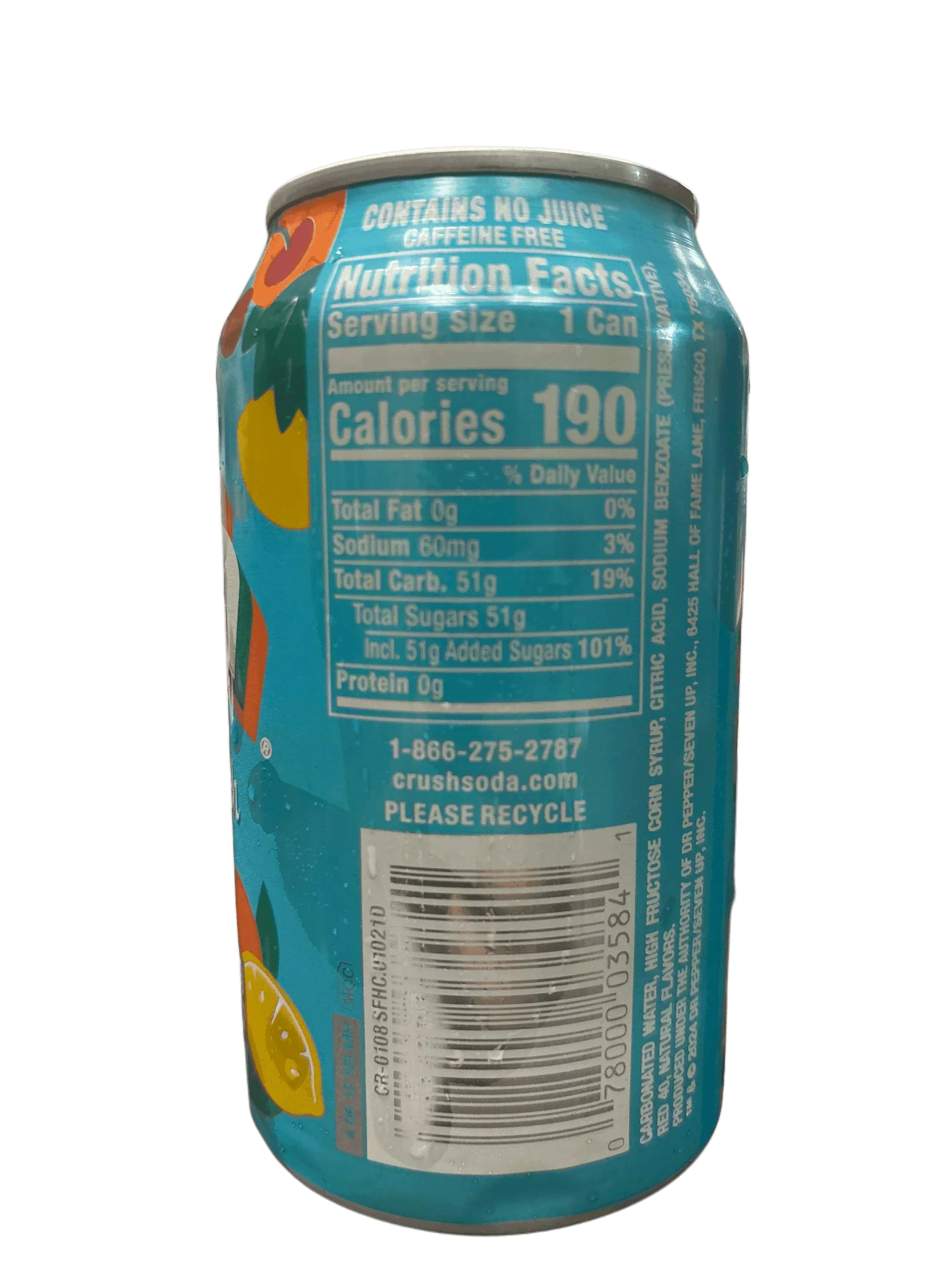 Close-up of a blue fruit soda can showing nutrition facts, barcode, and citrus graphics.