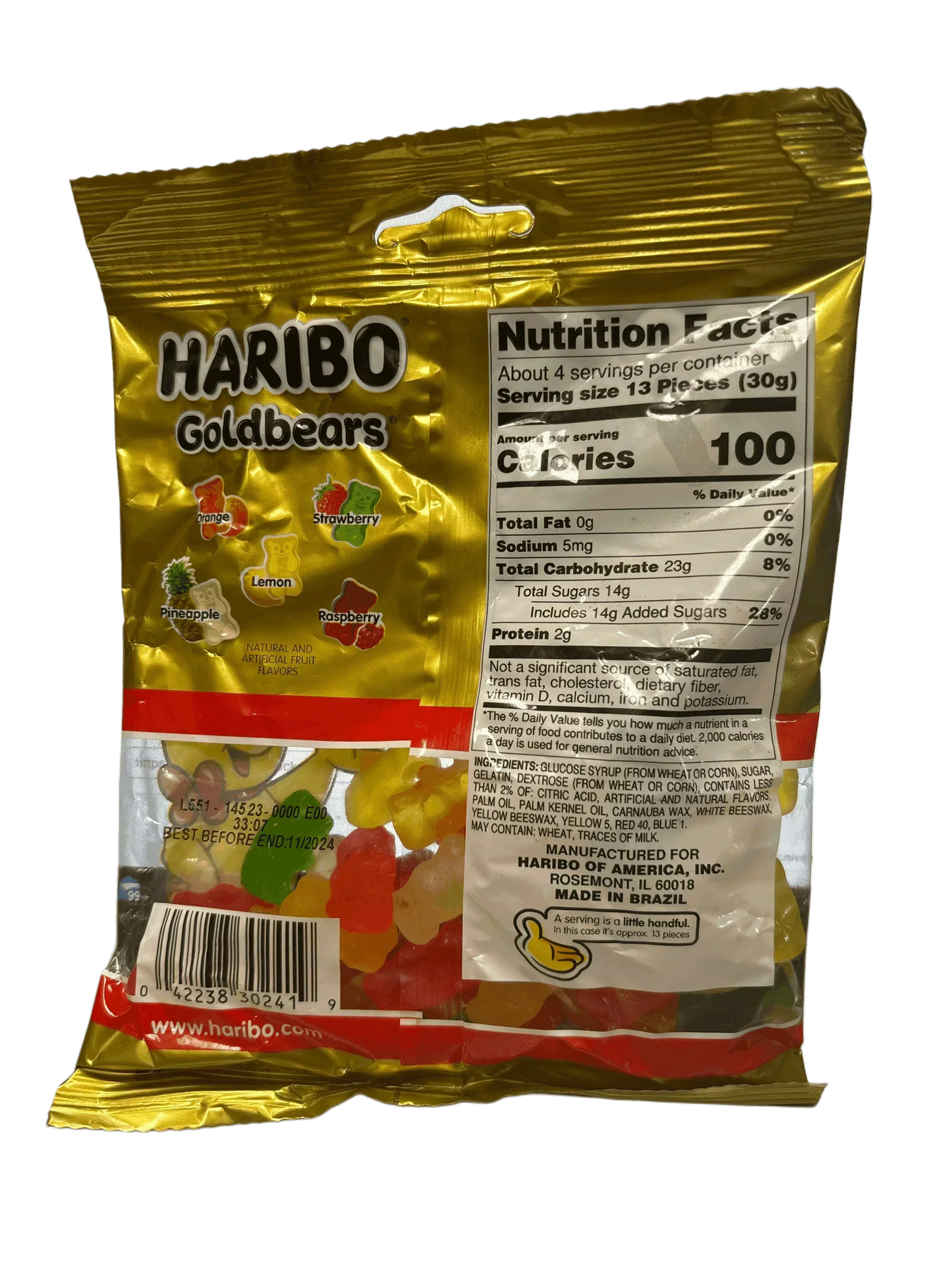 Back of Haribo Goldbears gummy candy package showing nutrition facts and assorted flavors.