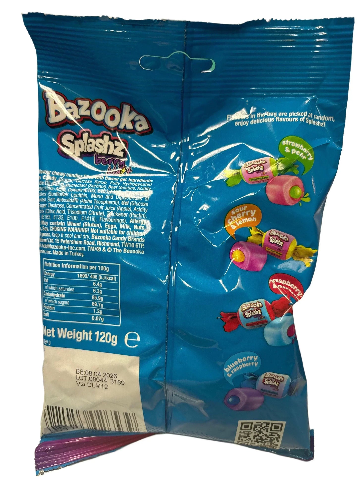 Bazooka Splashz berry chewy candy bag, assorted fruity flavors, 120g, blue packaging