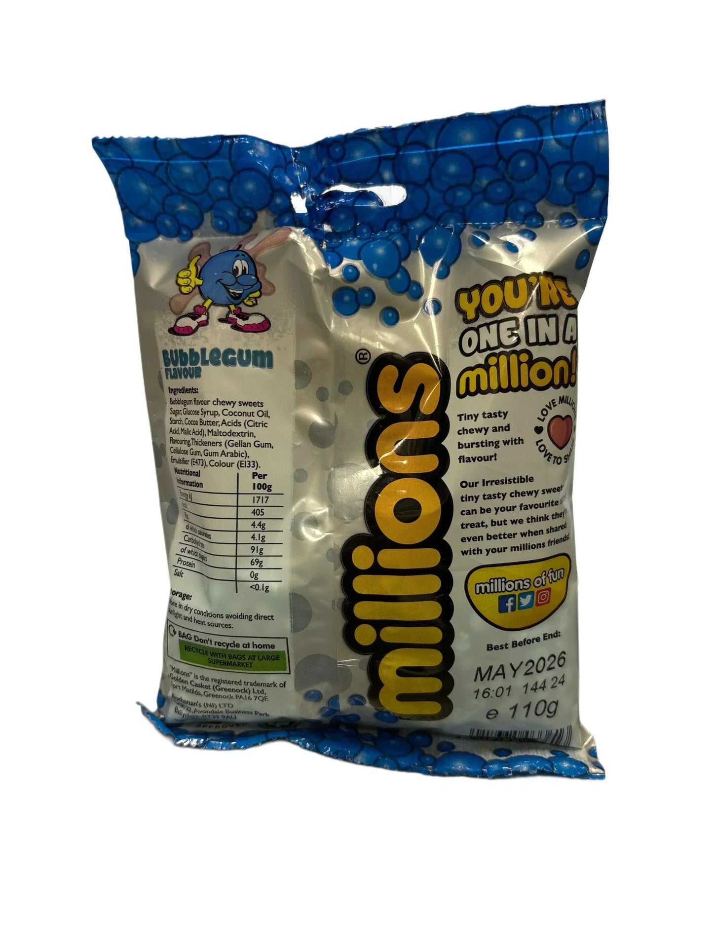 Bag of Millions bubblegum flavour chewy sweets with blue bubble design, 110g, imported candy