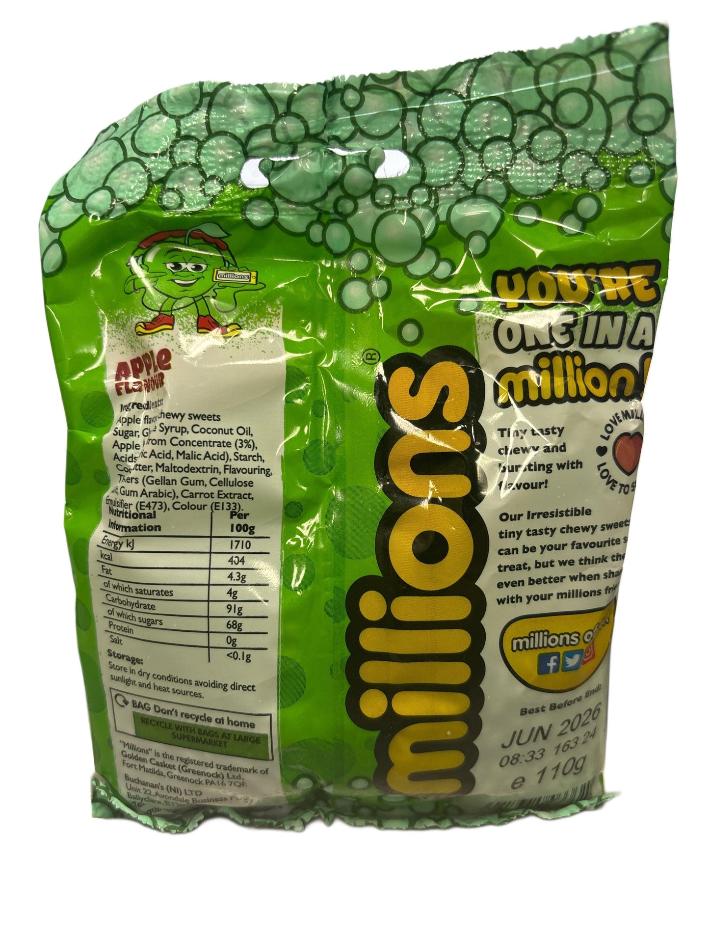 Back of Millions apple chewy sweets green packaging with nutrition and ingredients info