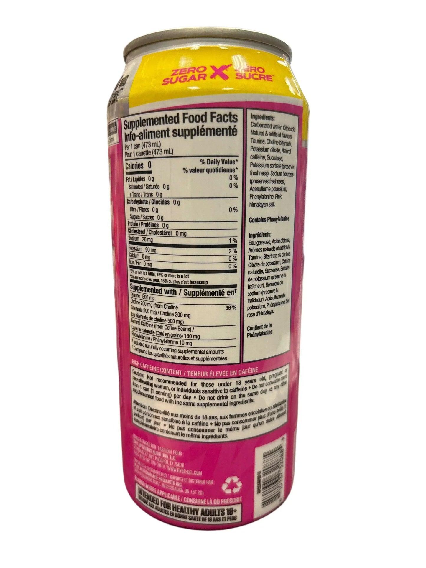 Back of a zero sugar exotic energy drink can showing nutrition facts and ingredients