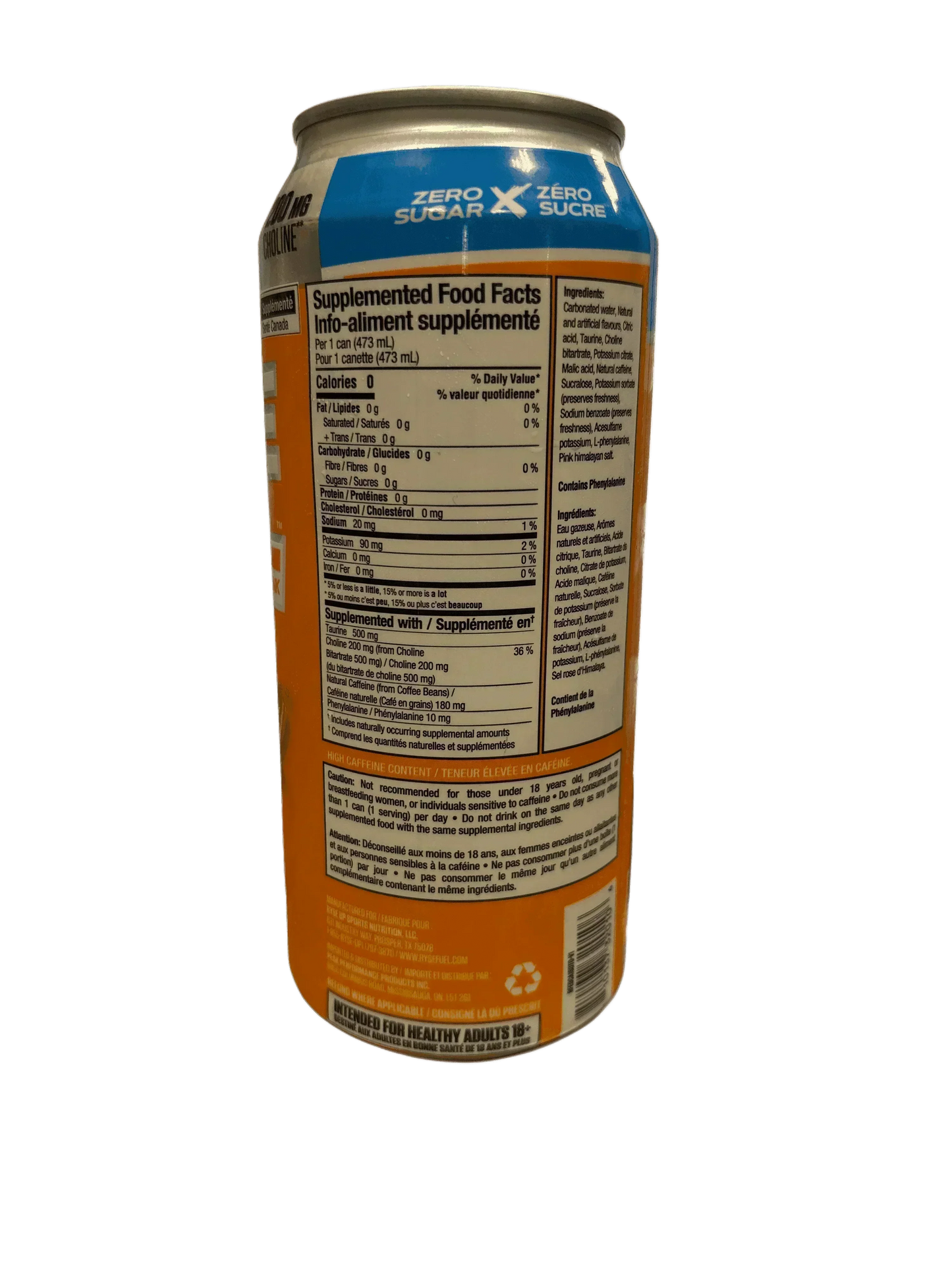 Back of a zero sugar energy drink can showing nutrition facts, ingredients, and warning labels.