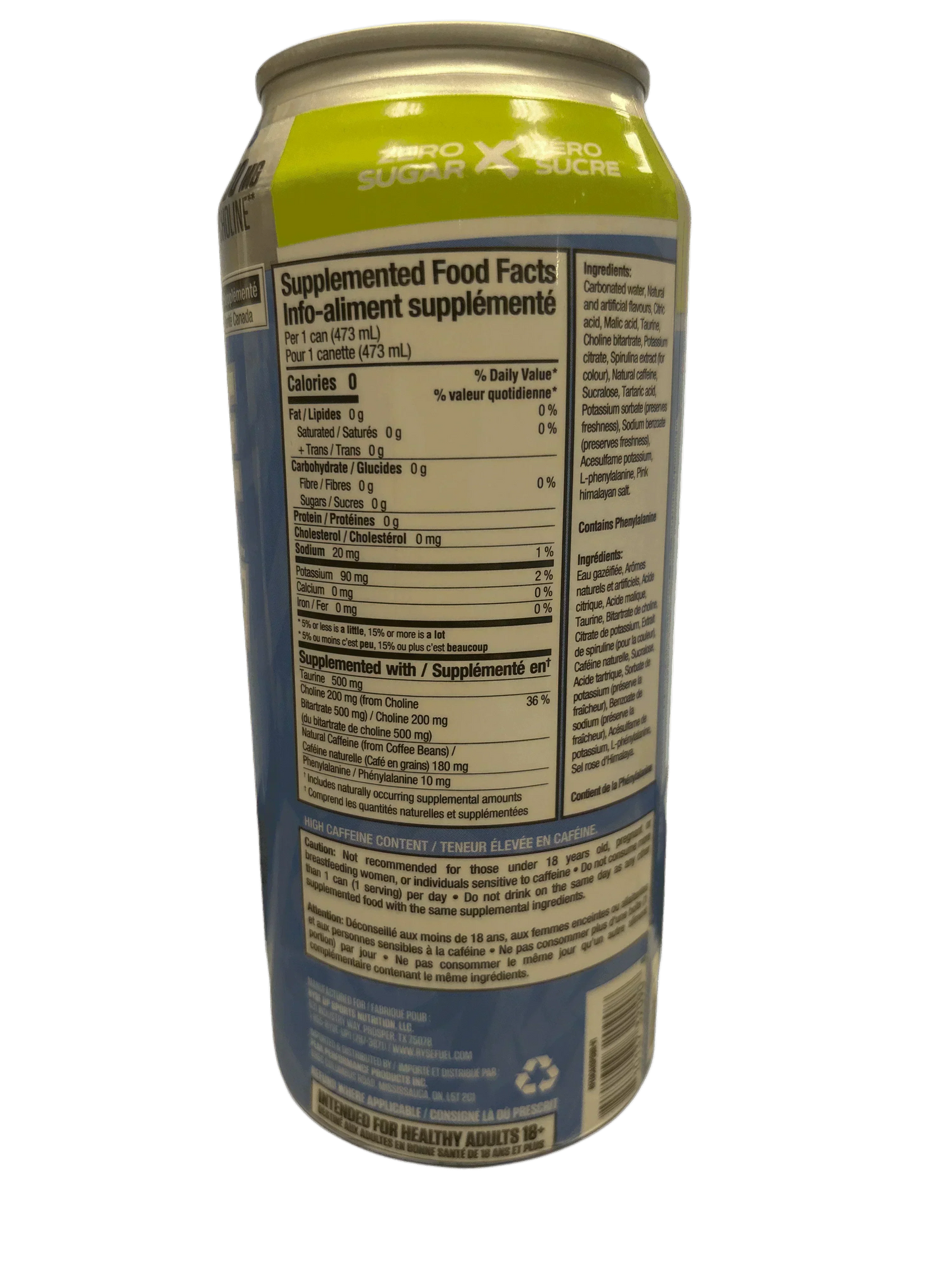 Back of zero sugar energy drink can showing nutrition facts and ingredients