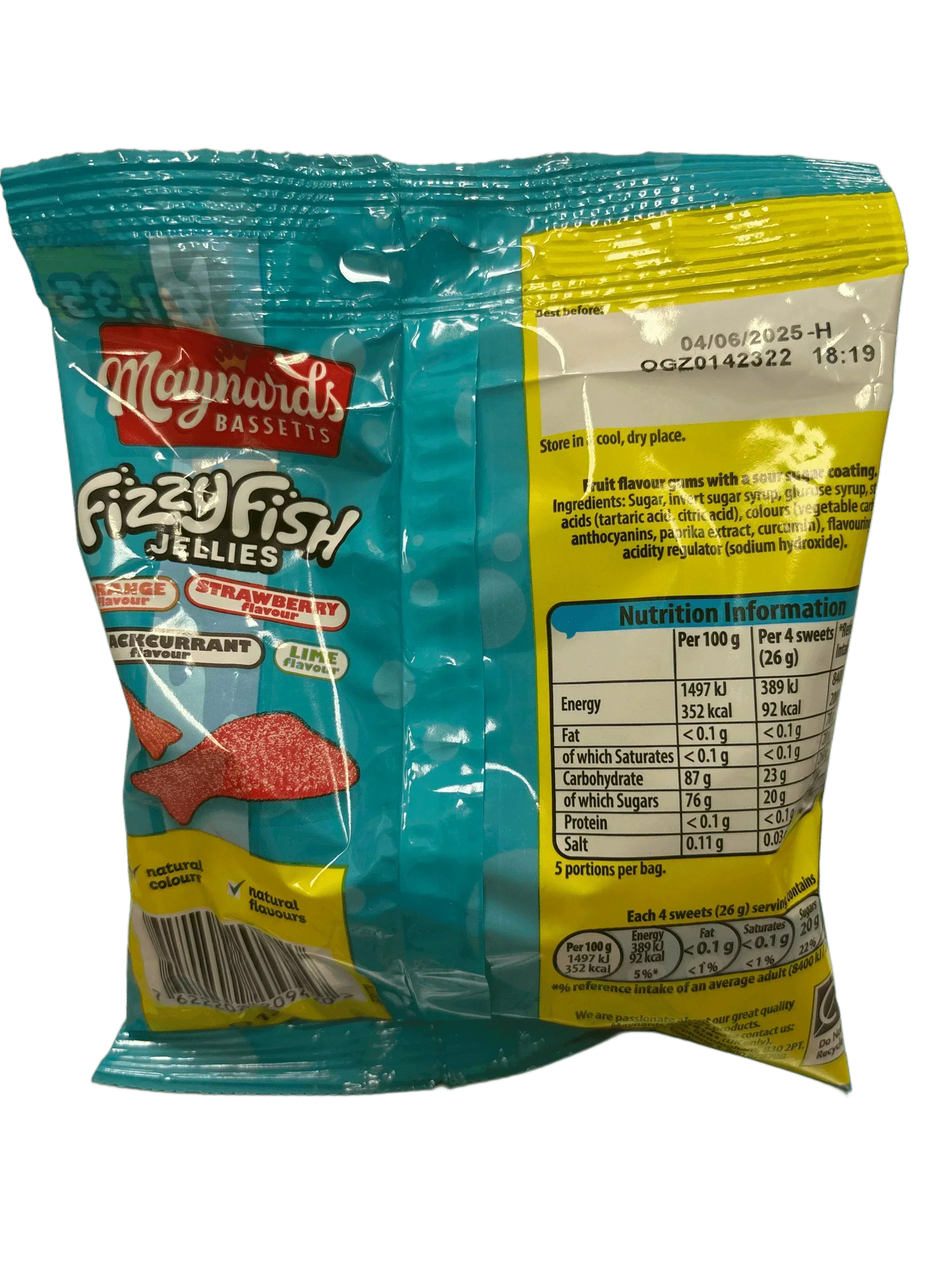 Maynards Bassetts Fizzy Fish Jellies candy bag showing nutrition and ingredient details