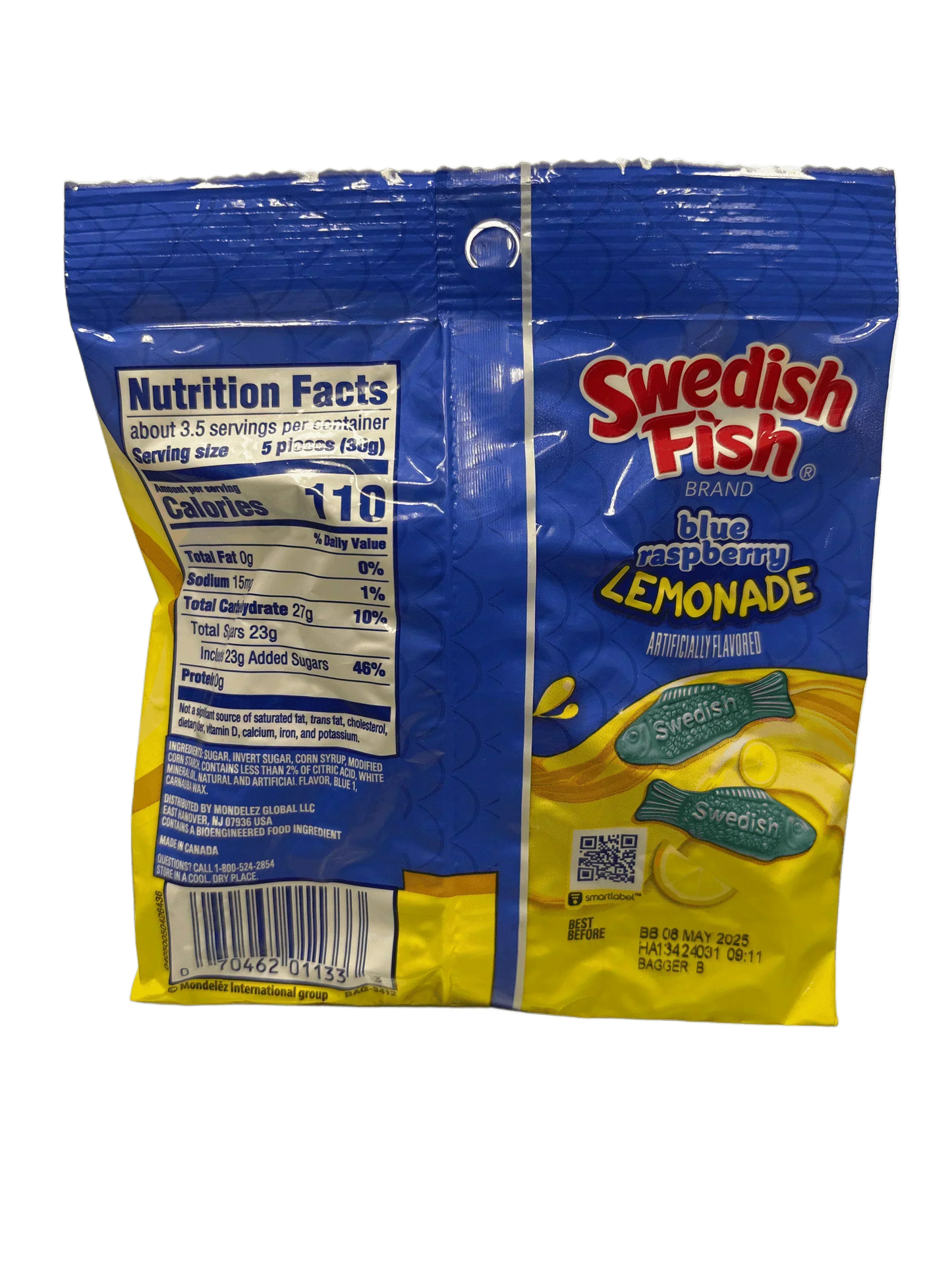 Back of Swedish Fish blue raspberry lemonade candy bag showing nutrition facts and packaging details