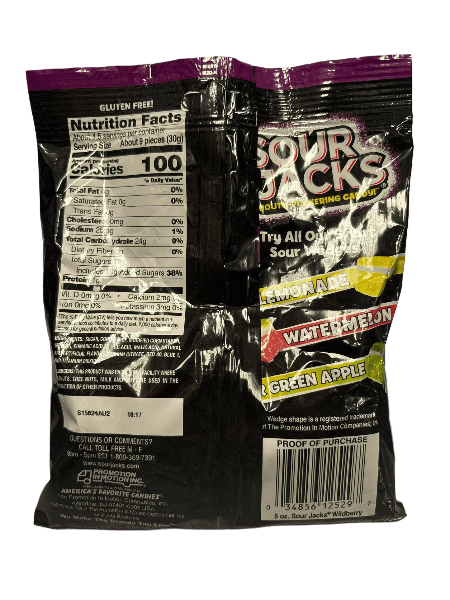 Back of Sour Jacks wildberry candy bag with nutrition facts and flavor varieties