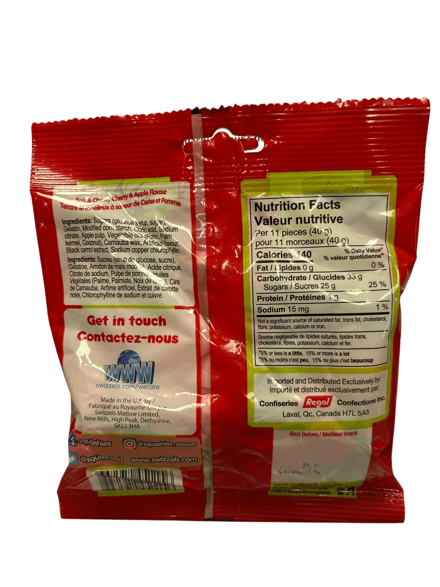 Back of red exotic candy snack pack with nutrition facts, ingredients, and contact info