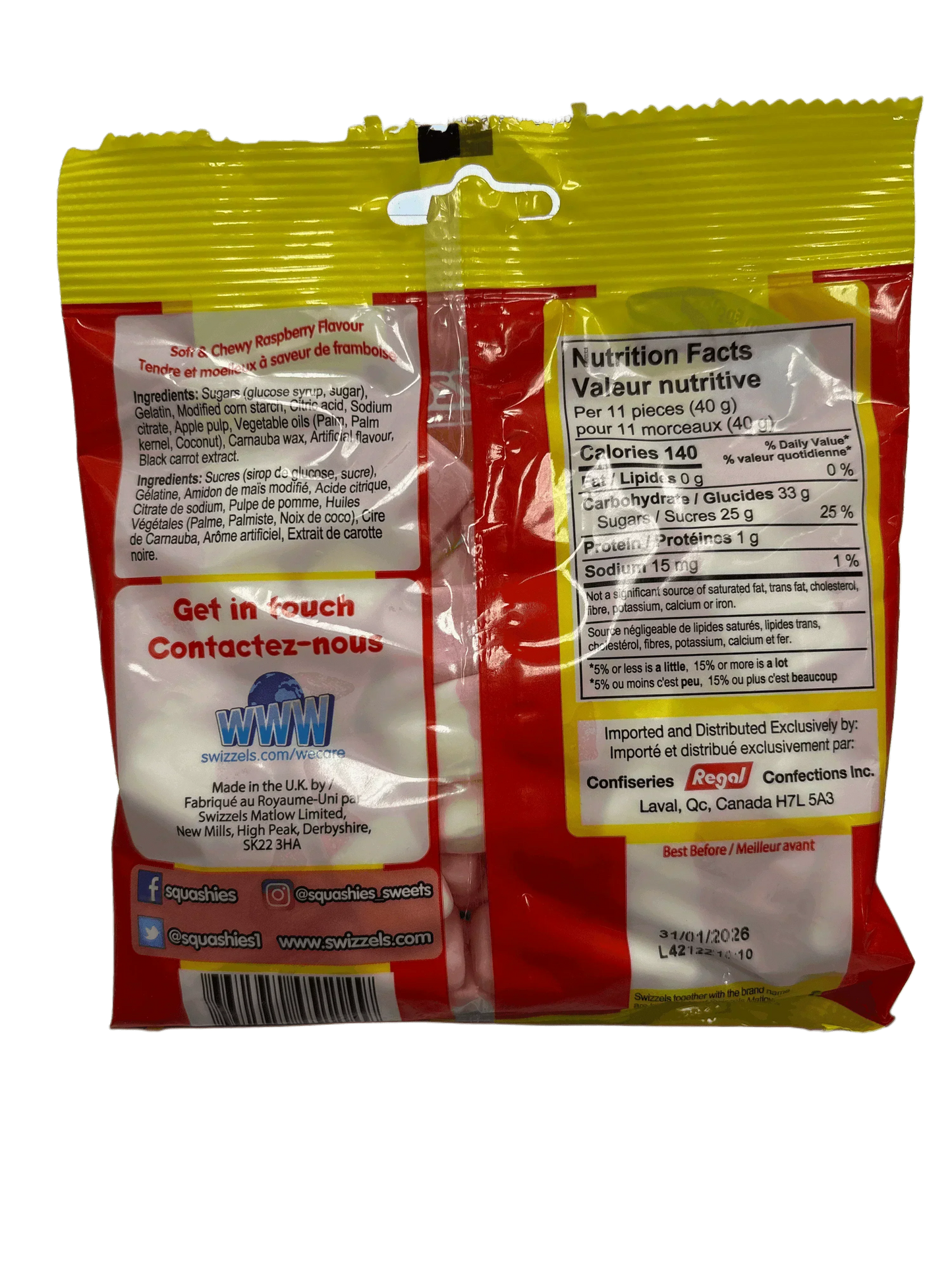 Back of imported raspberry candy bag showing ingredients, nutrition facts, and contact info