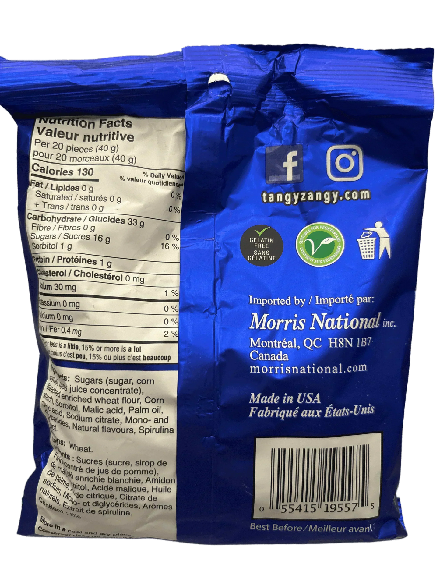 Back of blue exotic candy packaging showing nutrition facts, ingredients, and product icons