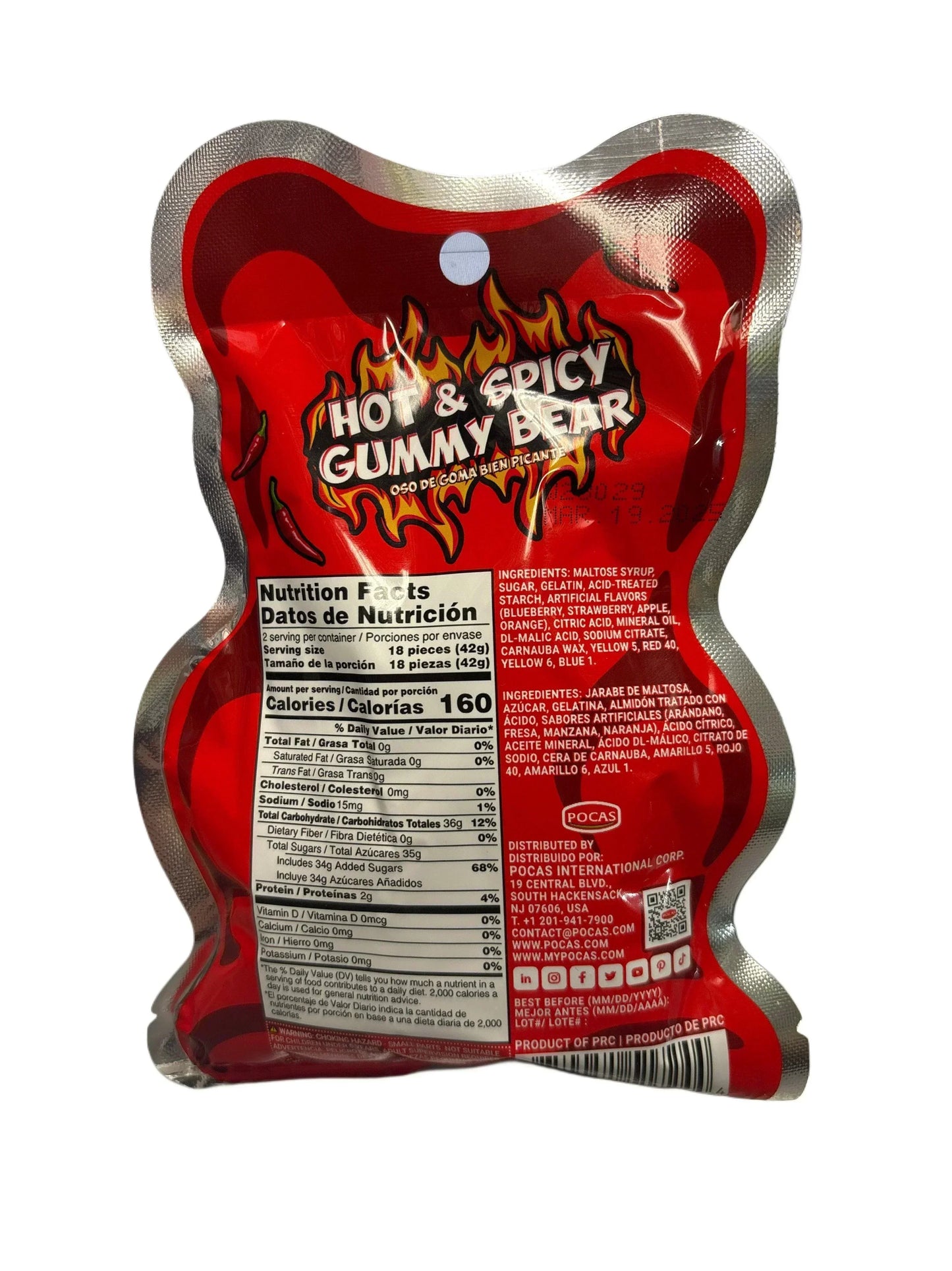 Hot and spicy gummy bear candy in red, flame-themed packaging with nutrition facts label.