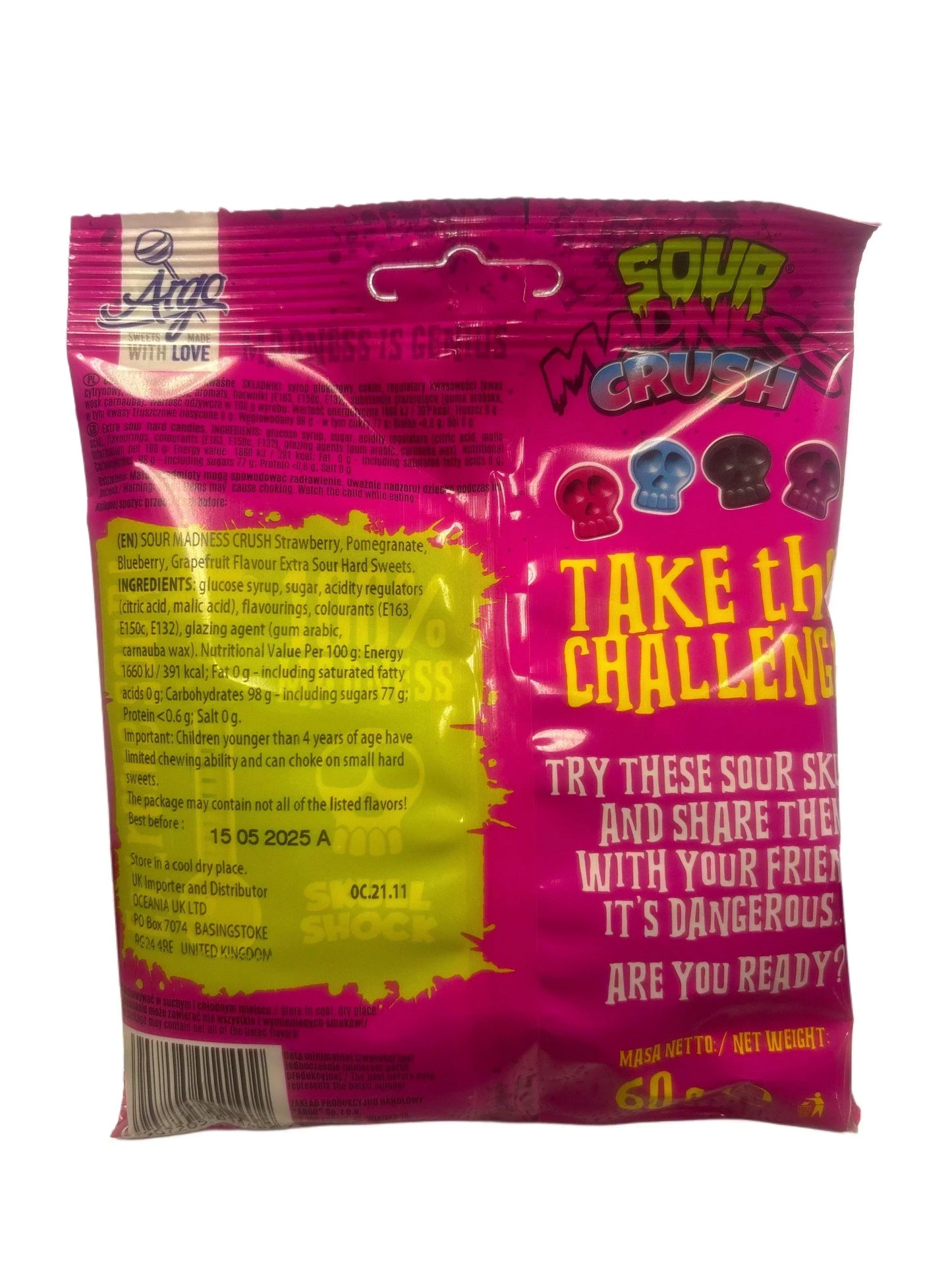Back of Sour Madness Crush candy packaging with bright colors and skull graphics