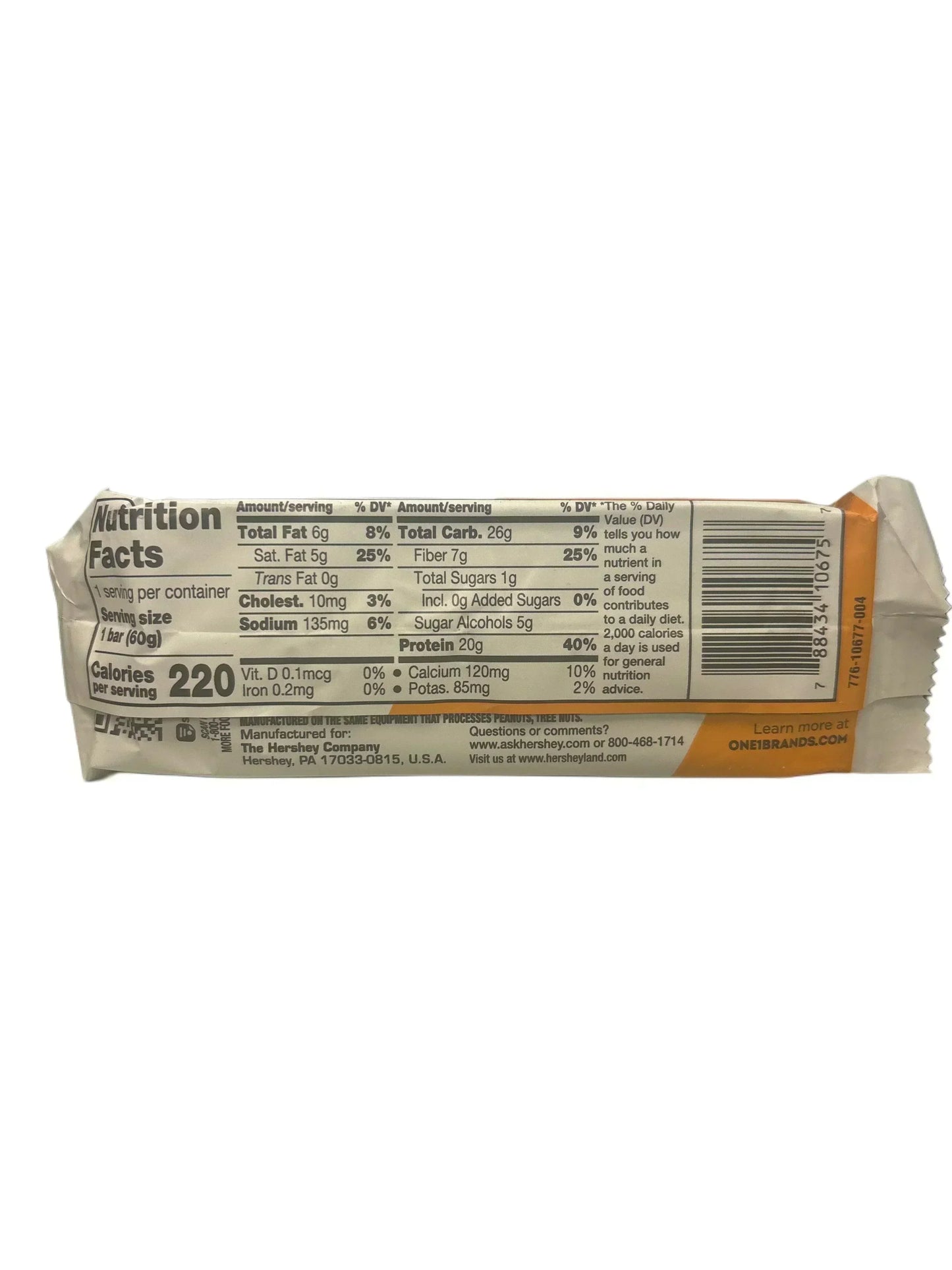 Back of protein snack bar showing nutrition facts and ingredients on packaging