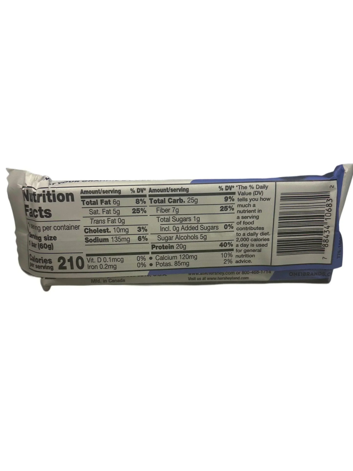 Protein snack bar nutrition facts label on white background, high protein, low sugar, imported snack