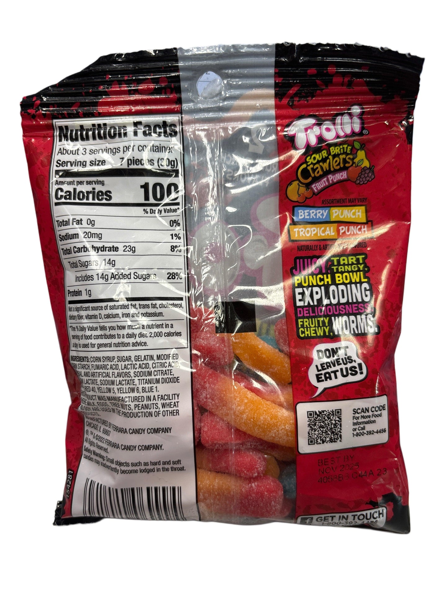 Back of Trolli Sour Brite Crawlers Fruit Punch candy bag showing nutrition facts and ingredients