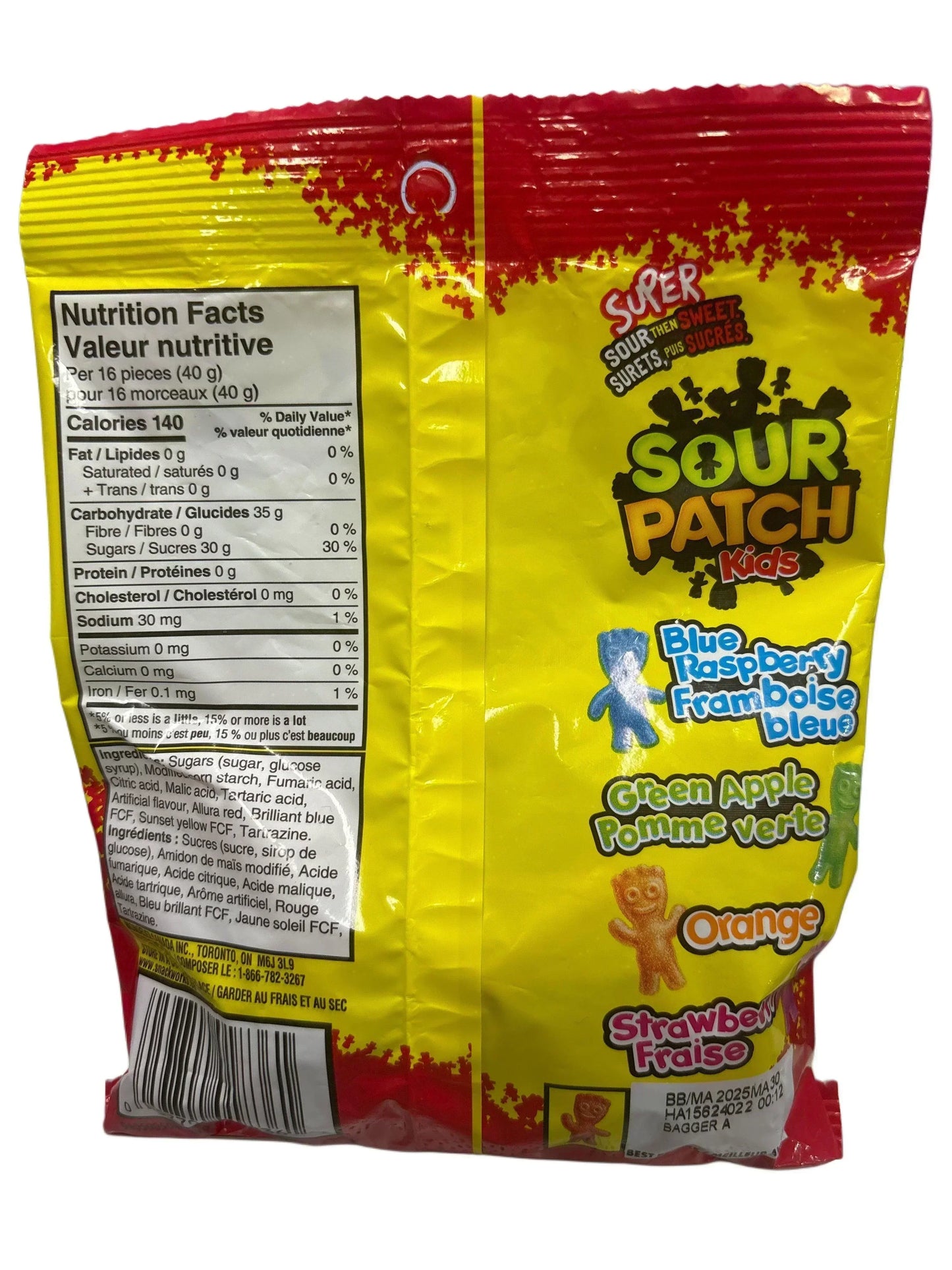 Back of Sour Patch Kids candy bag showing nutrition facts and assorted fruity flavors