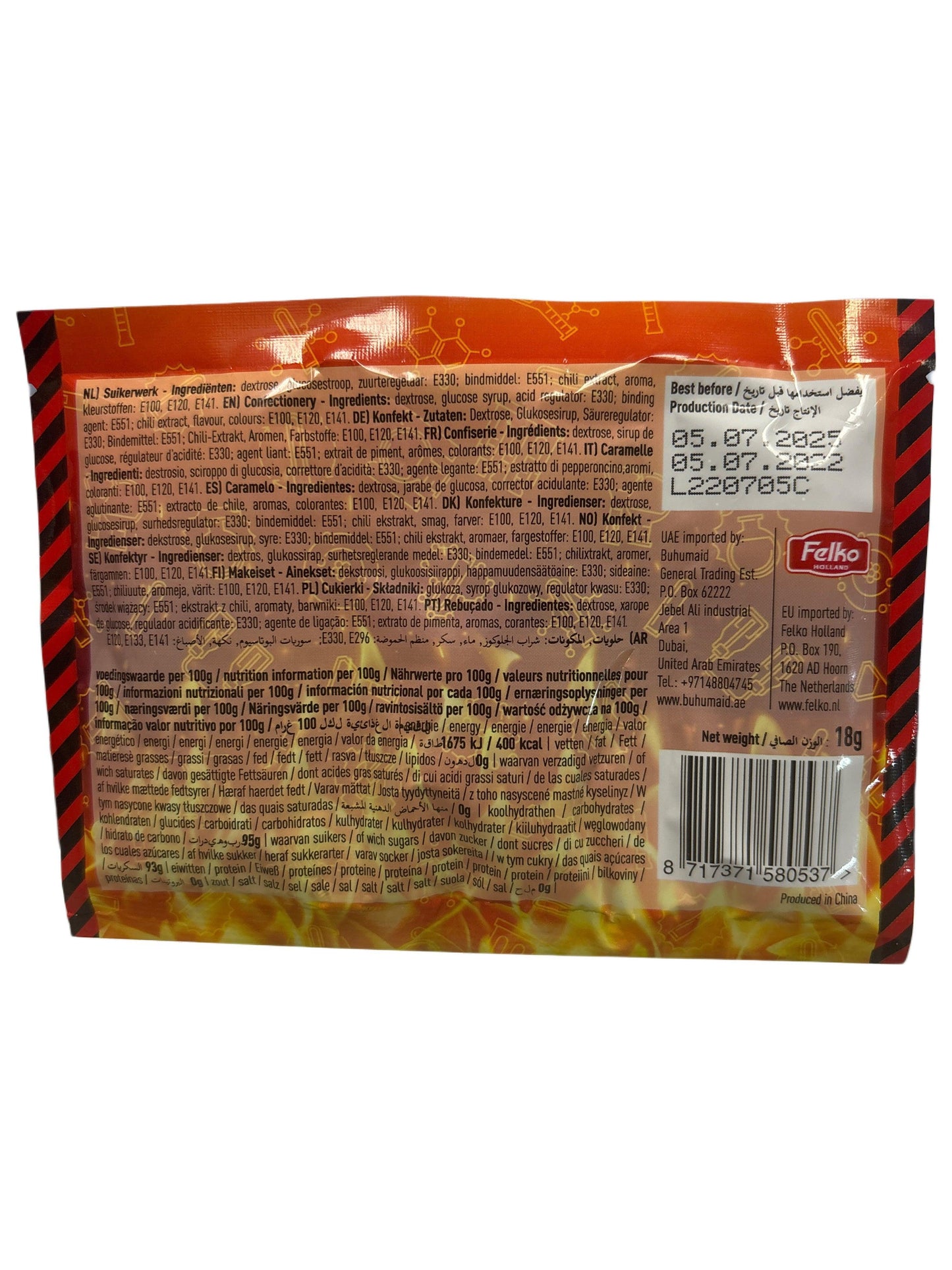 Back of spicy exotic candy package with ingredients, nutrition facts, and barcode