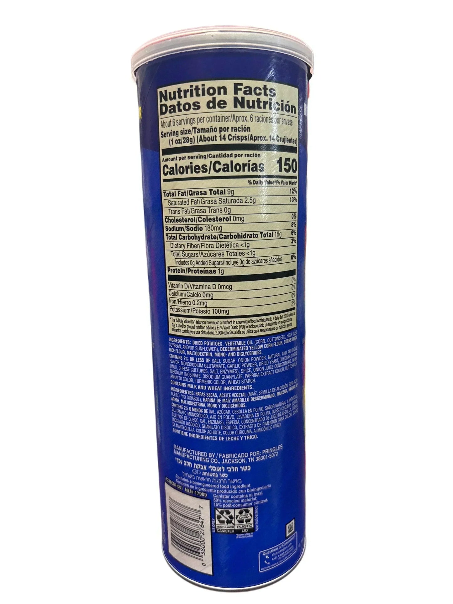 Back view of a blue Pringles can showing nutrition facts and ingredients label