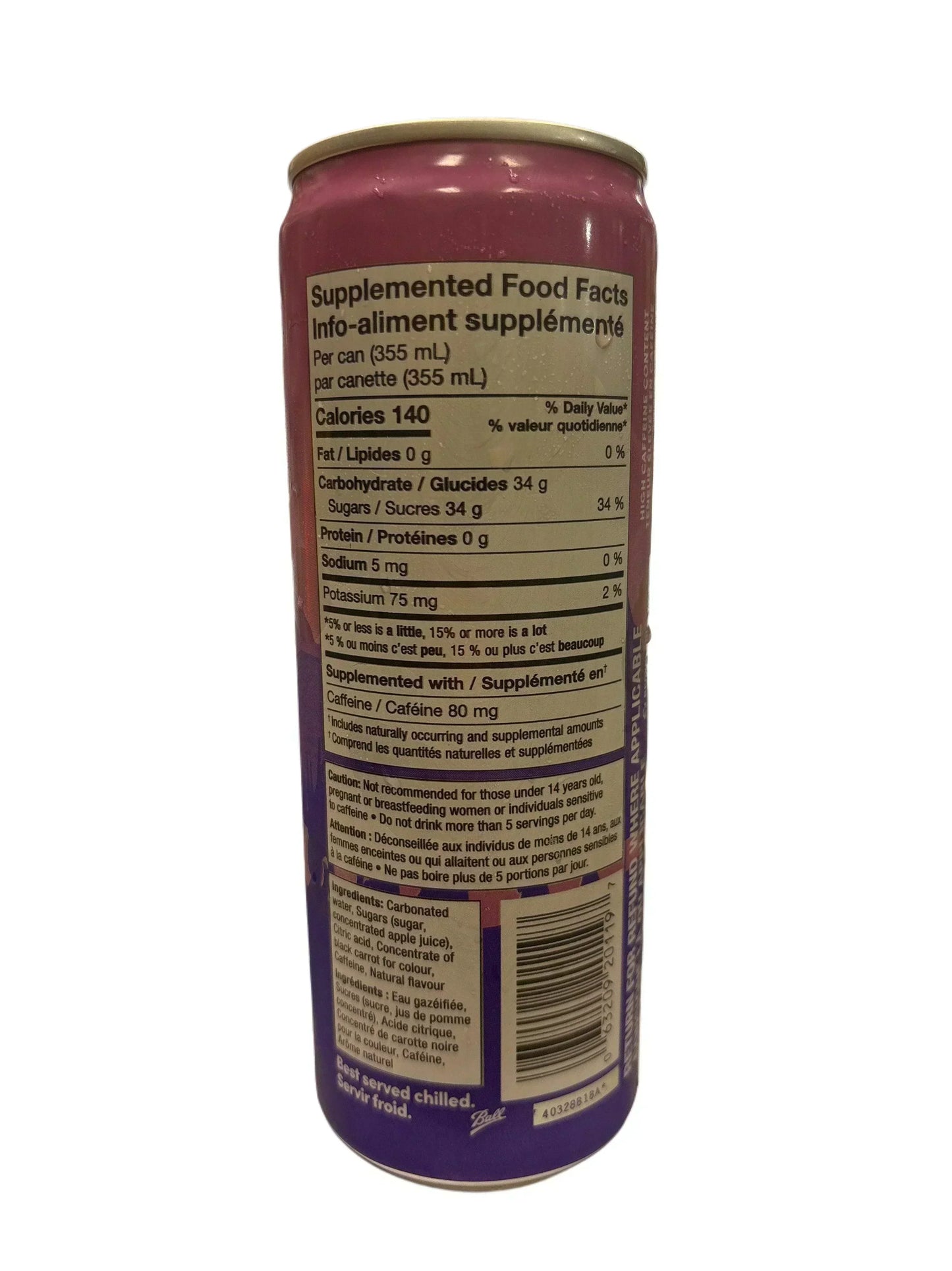 Back of purple exotic drink can showing supplement facts, ingredients, and nutrition label.