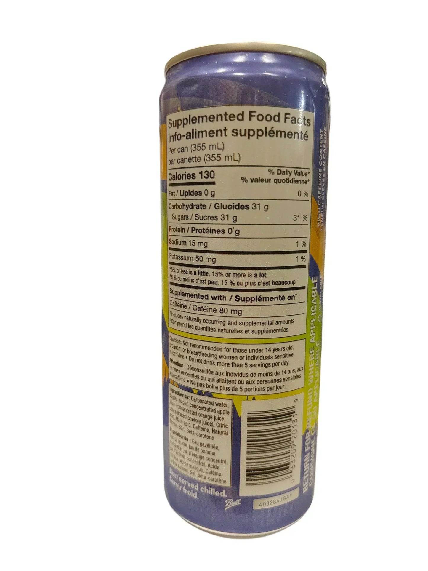 Back of a canned exotic drink showing nutrition facts and ingredients label