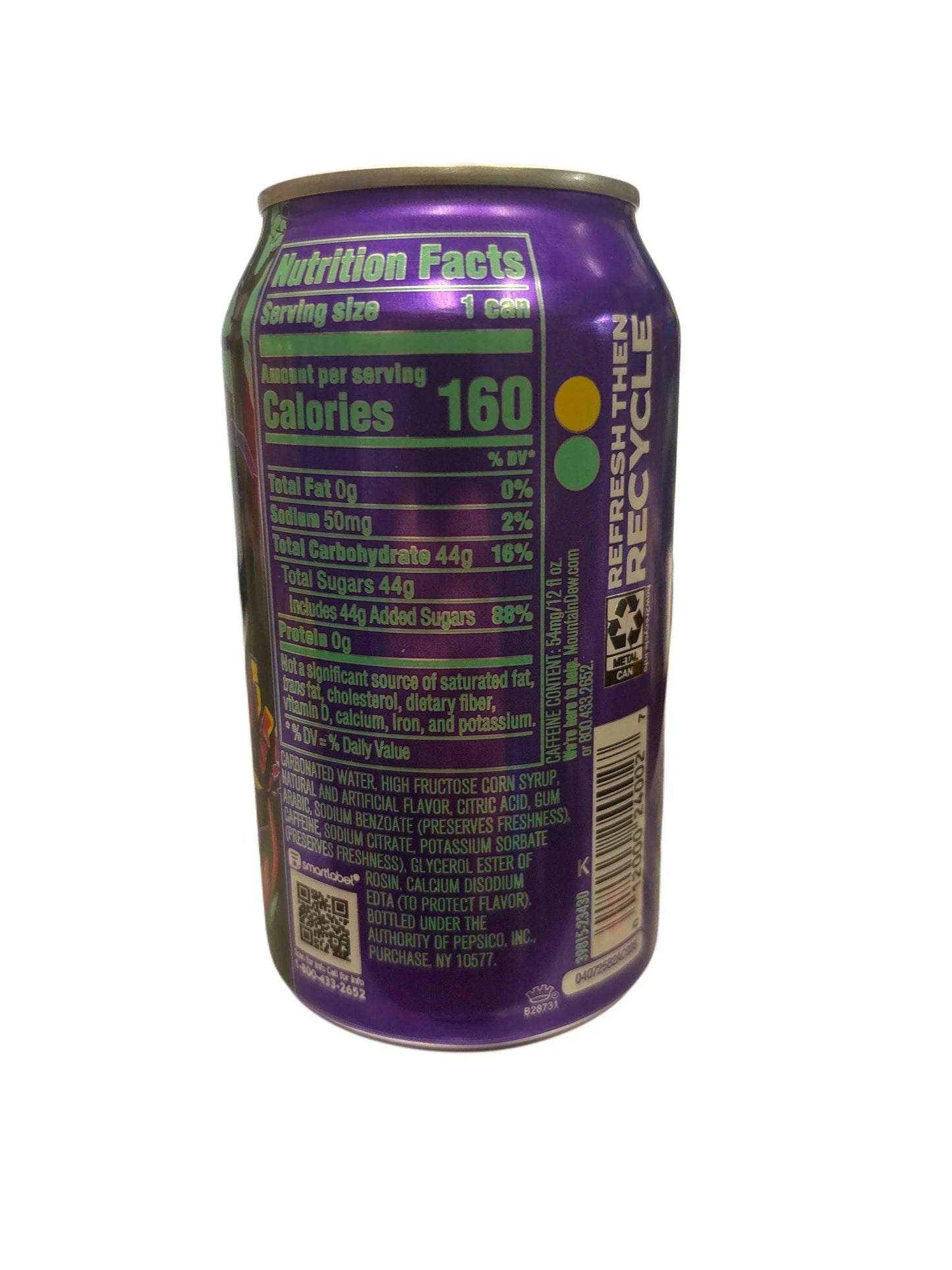 Close-up of a purple soda can with detailed nutrition facts and recycling instructions.