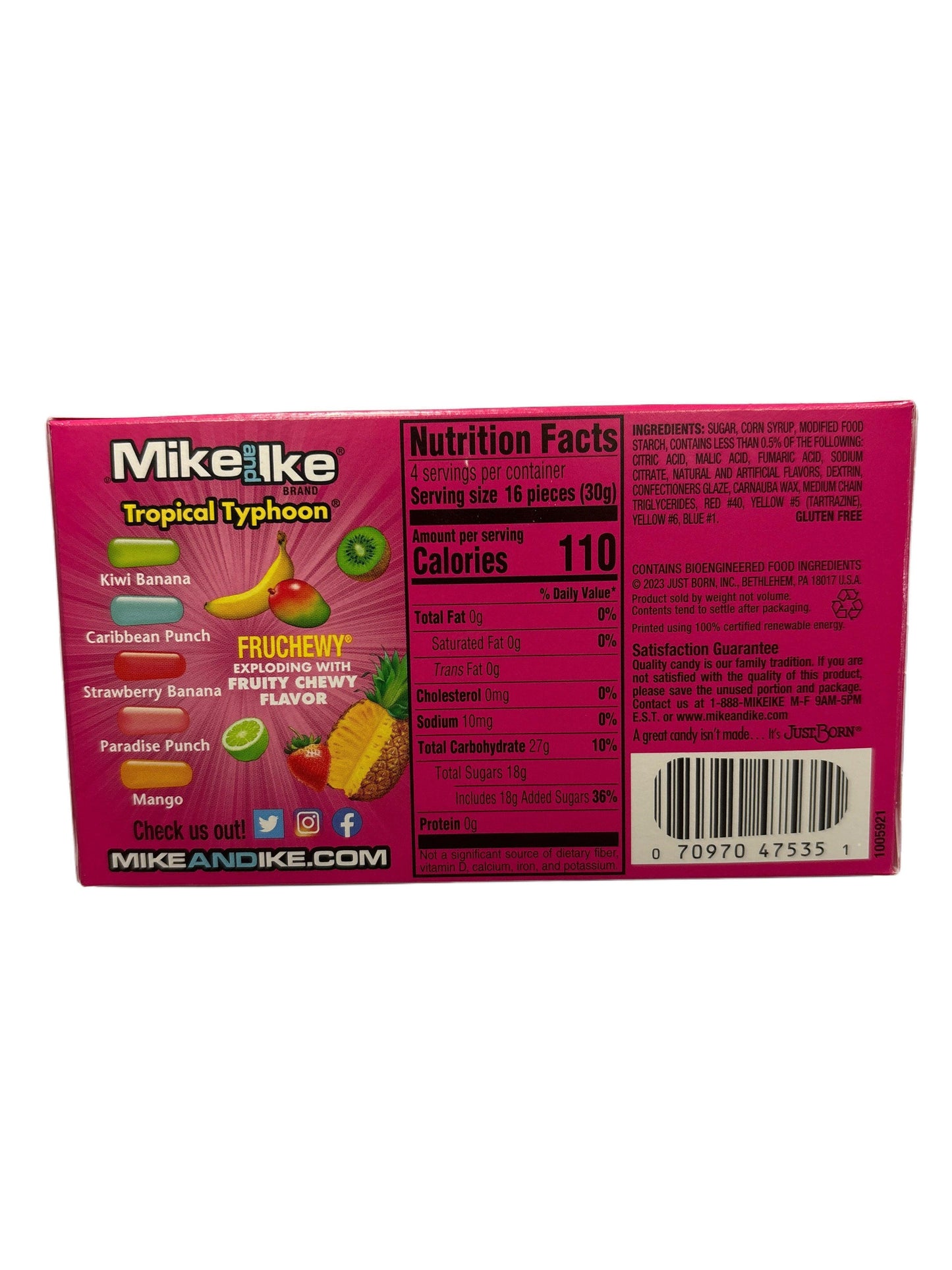 Mike and Ike Tropical Typhoon candy box back with nutrition facts and fruity flavors