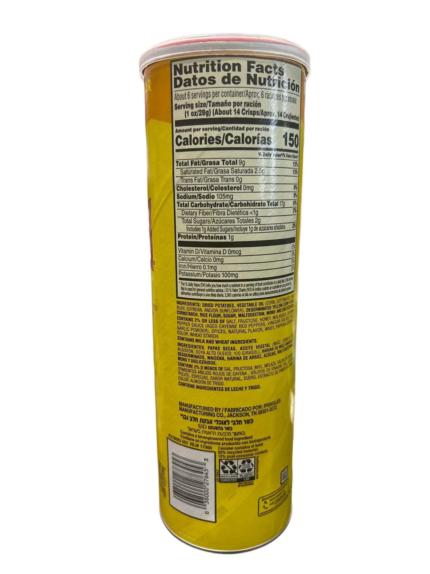 Back of yellow potato crisps can with nutrition facts and ingredients label visible