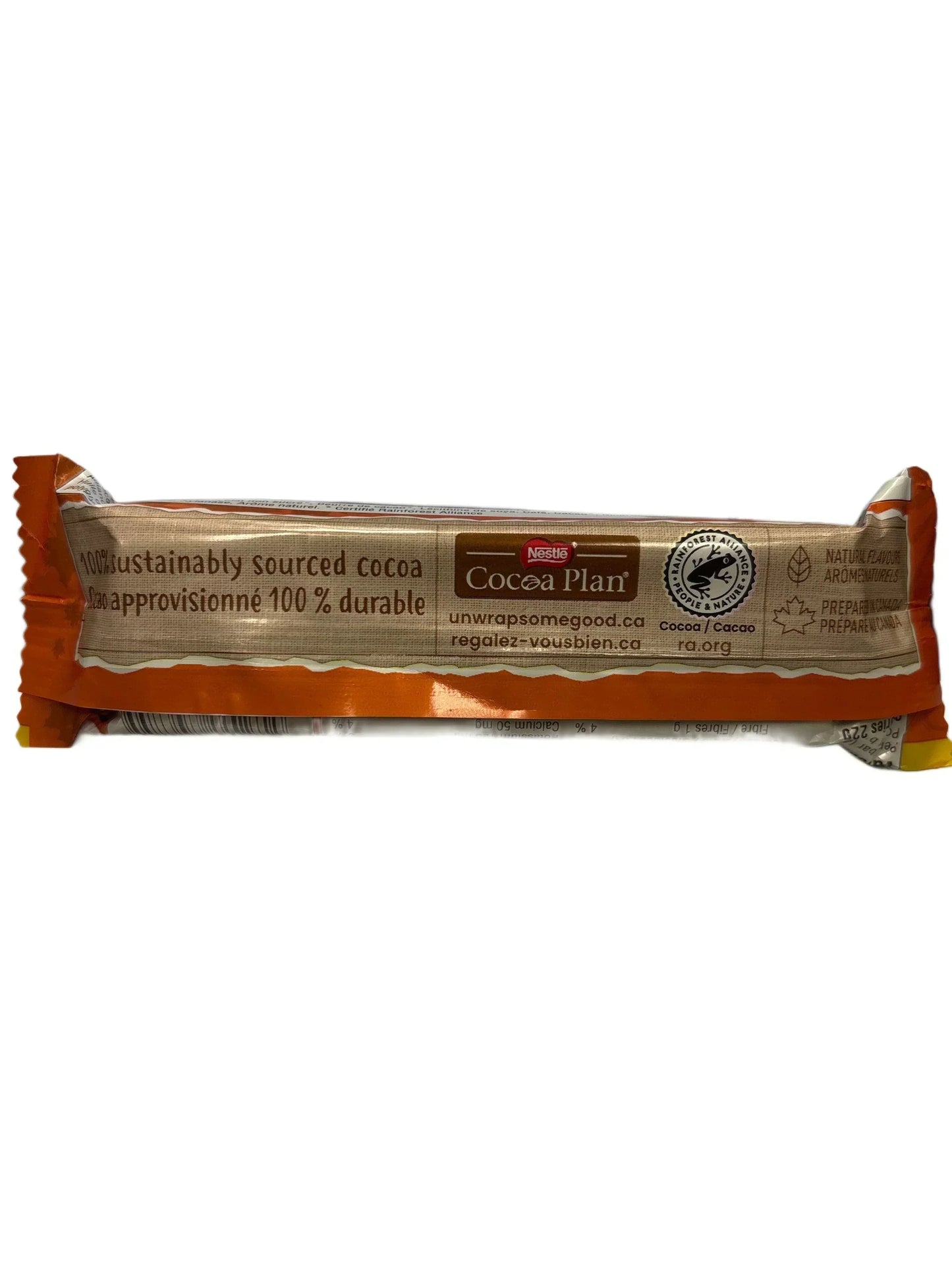 Back of imported chocolate bar wrapper with sustainably sourced cocoa and certification logos